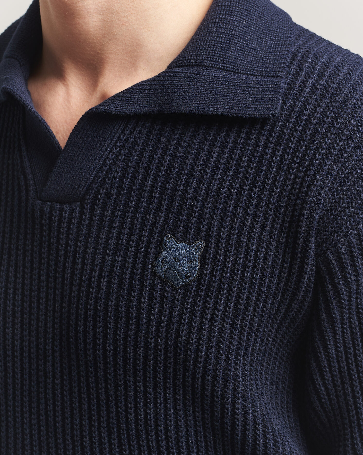 Herren | Poloshirts | Maison Kitsuné | Tonal Fox Head Rib Knitted Polo Navy