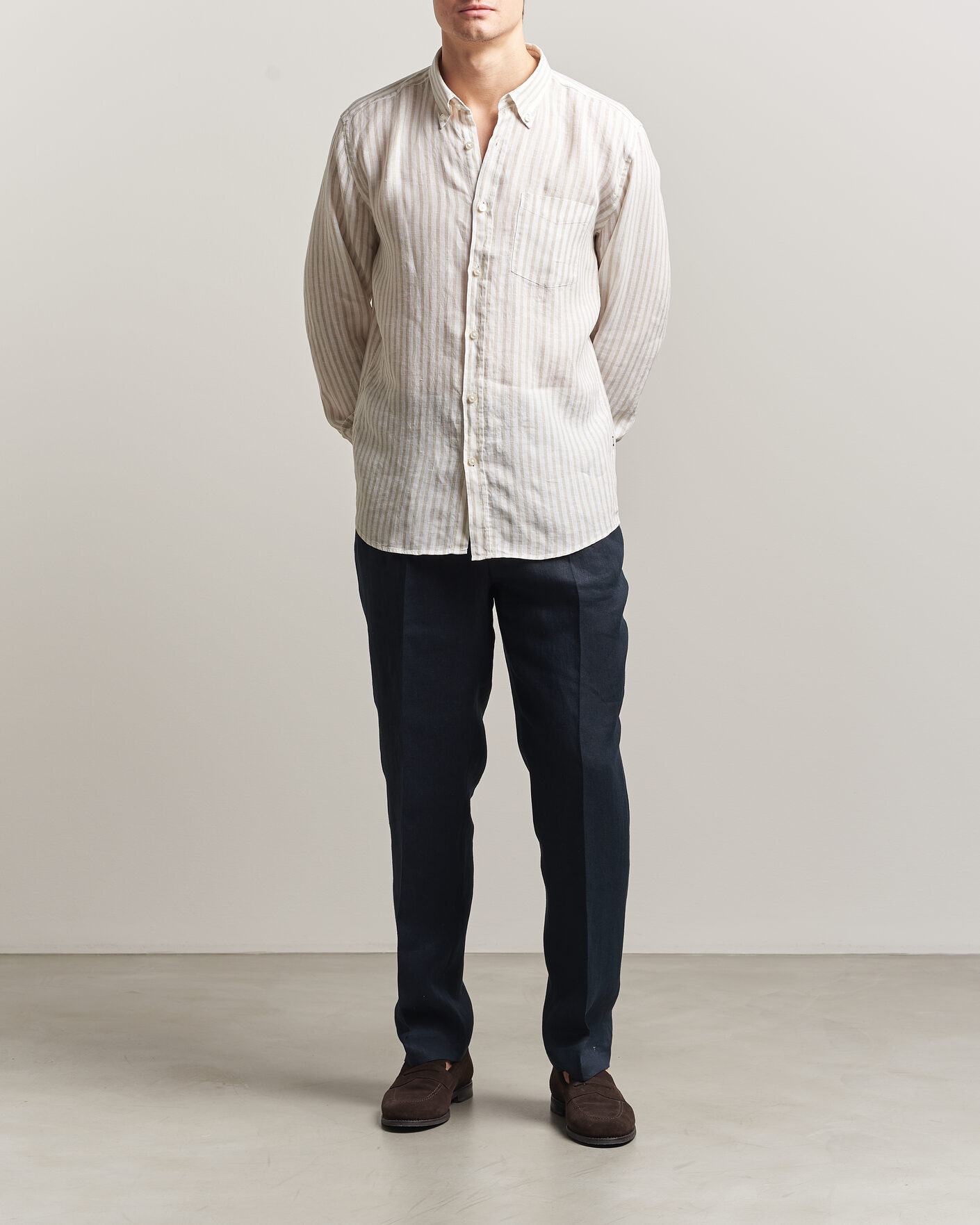 Herren | Hemden | BOSS BLACK | Liam Striped Linen Shirt Open Beige