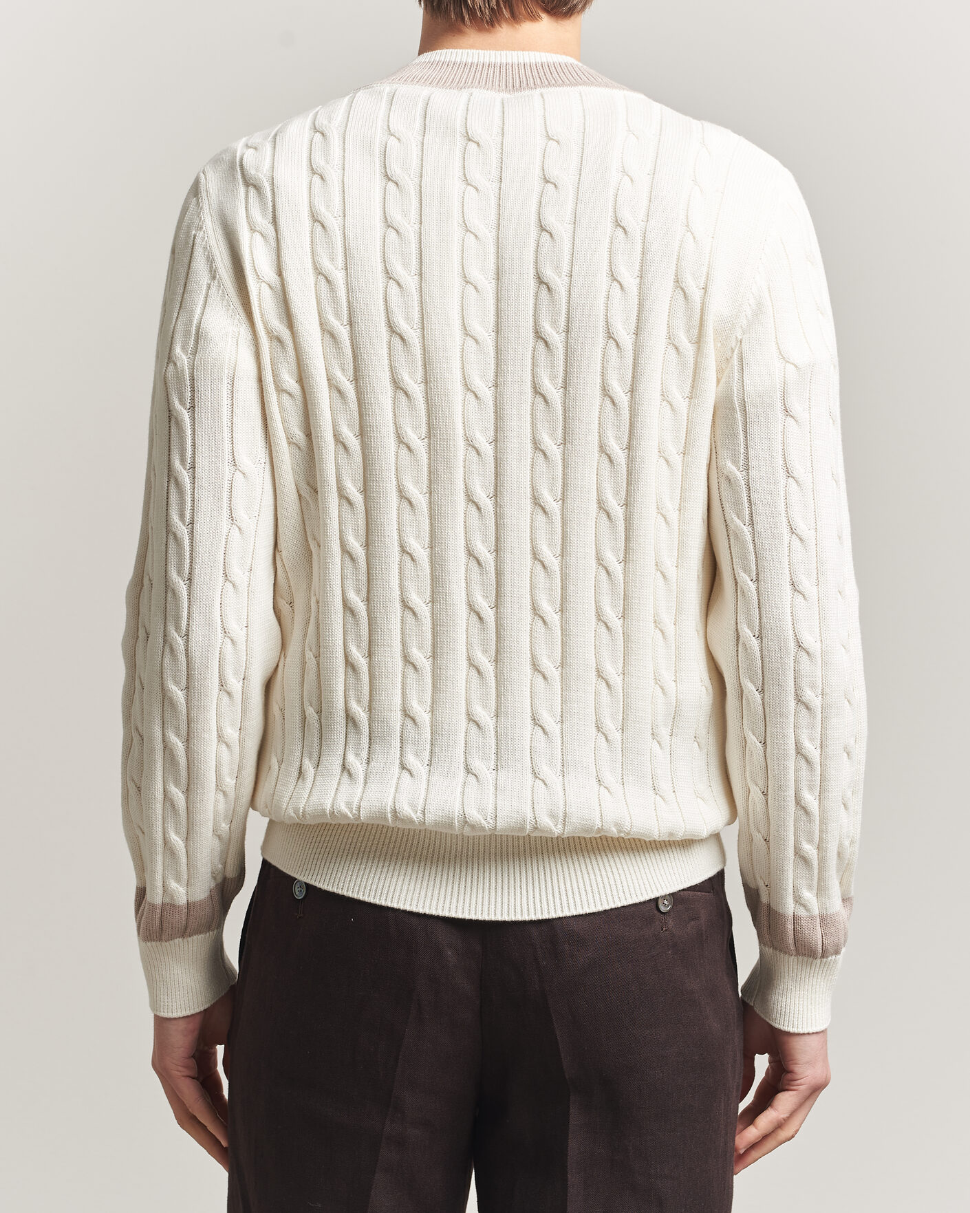 Herren | Pullover | Morgano | Cable Knitted Cotton V-Neck White/Beige