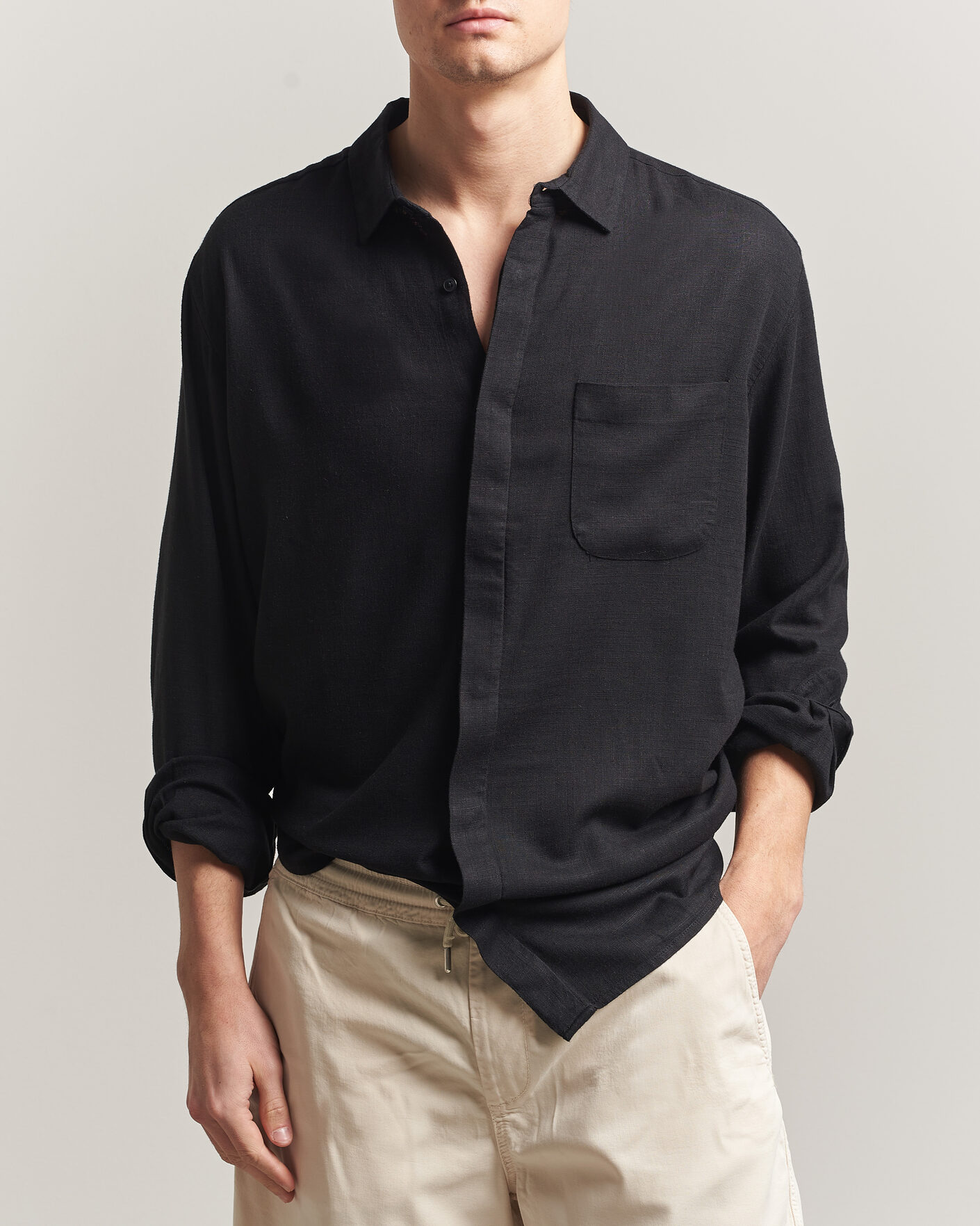 Herren | Hemden | KnowledgeCotton Apparel | Linen/Lycell Relaxed Long Sleeve Shirt Black