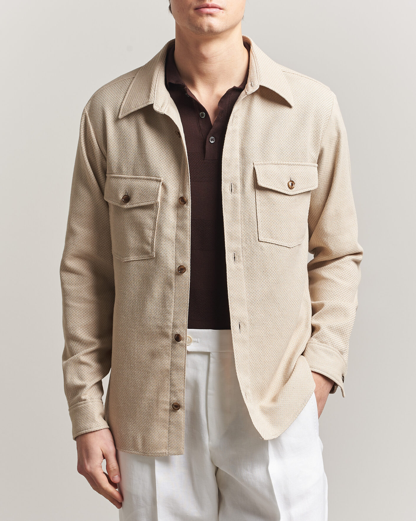 Herren | Hemden | Oscar Jacobson | Magnus Structure Cotton Overshirt Beige