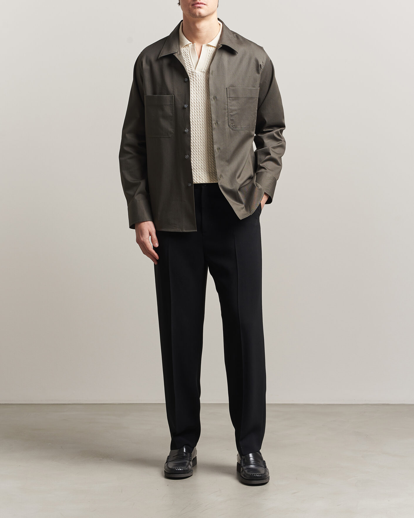 Herren | Hemden | Oscar Jacobson | Straight Fit Bowling Collar Cotton Shirt Olive