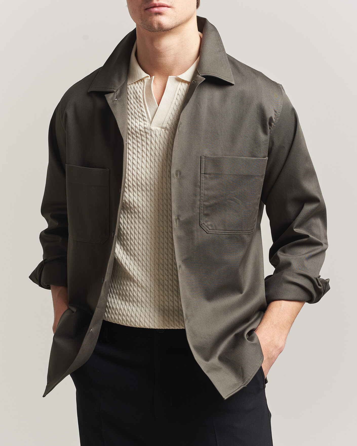 Herren | Hemden | Oscar Jacobson | Straight Fit Bowling Collar Cotton Shirt Olive