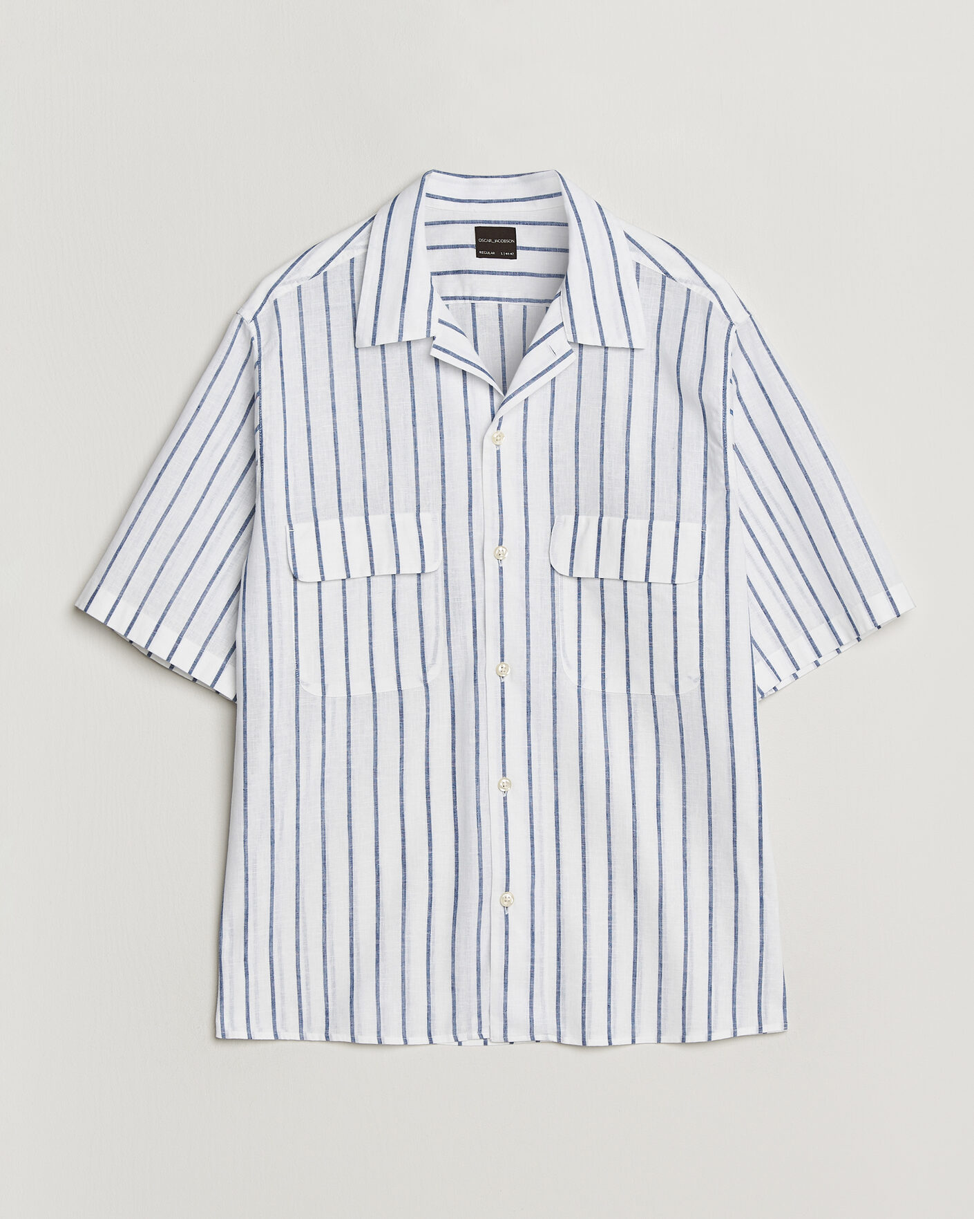 Herren | Hemden | Oscar Jacobson | Striped Short Sleeve Linen Shirt Navy/White