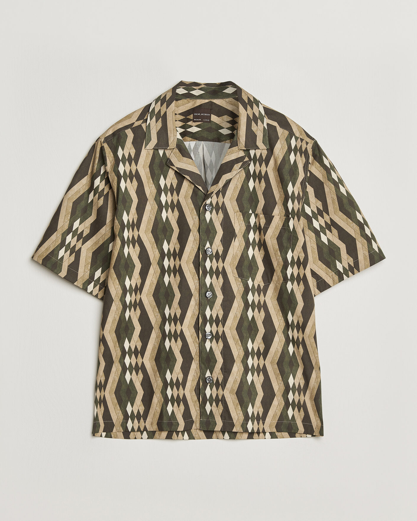 Herren | Hemden | Oscar Jacobson | Reg Fit Cuban Printed Short Sleeve Shirt Olive