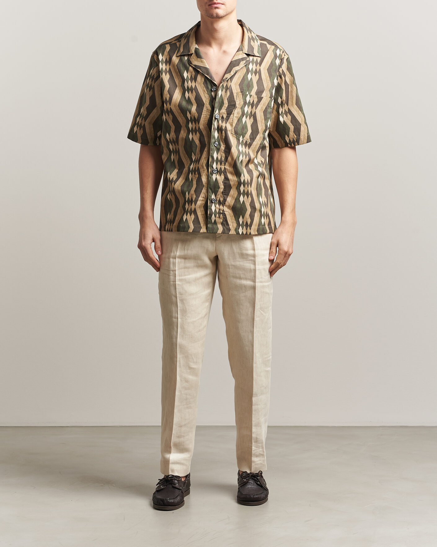 Herren | Hemden | Oscar Jacobson | Reg Fit Cuban Printed Short Sleeve Shirt Olive