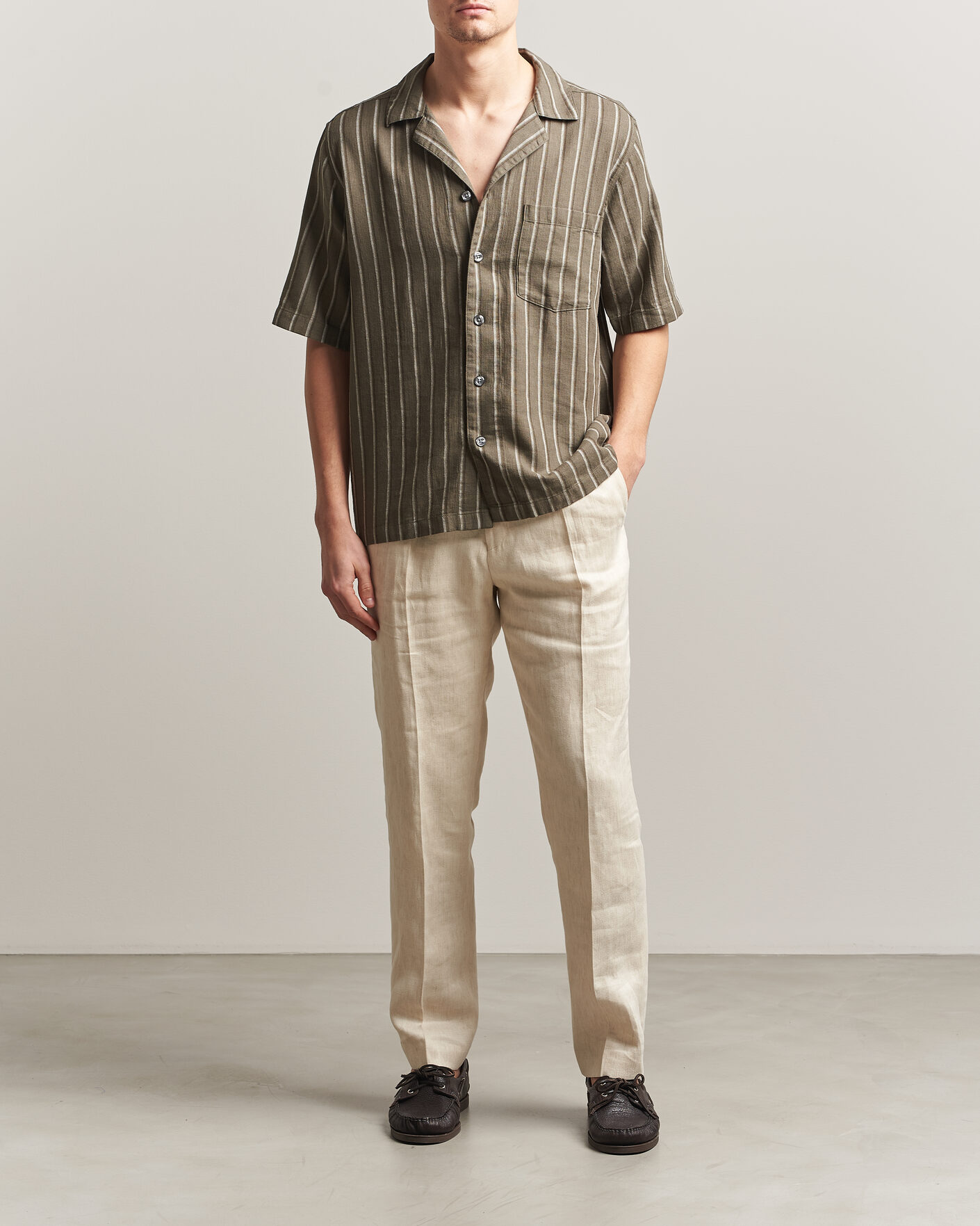 Herren | Hemden | Oscar Jacobson | Reg Fit Cuban Herringbone Short Sleeve Shirt Green