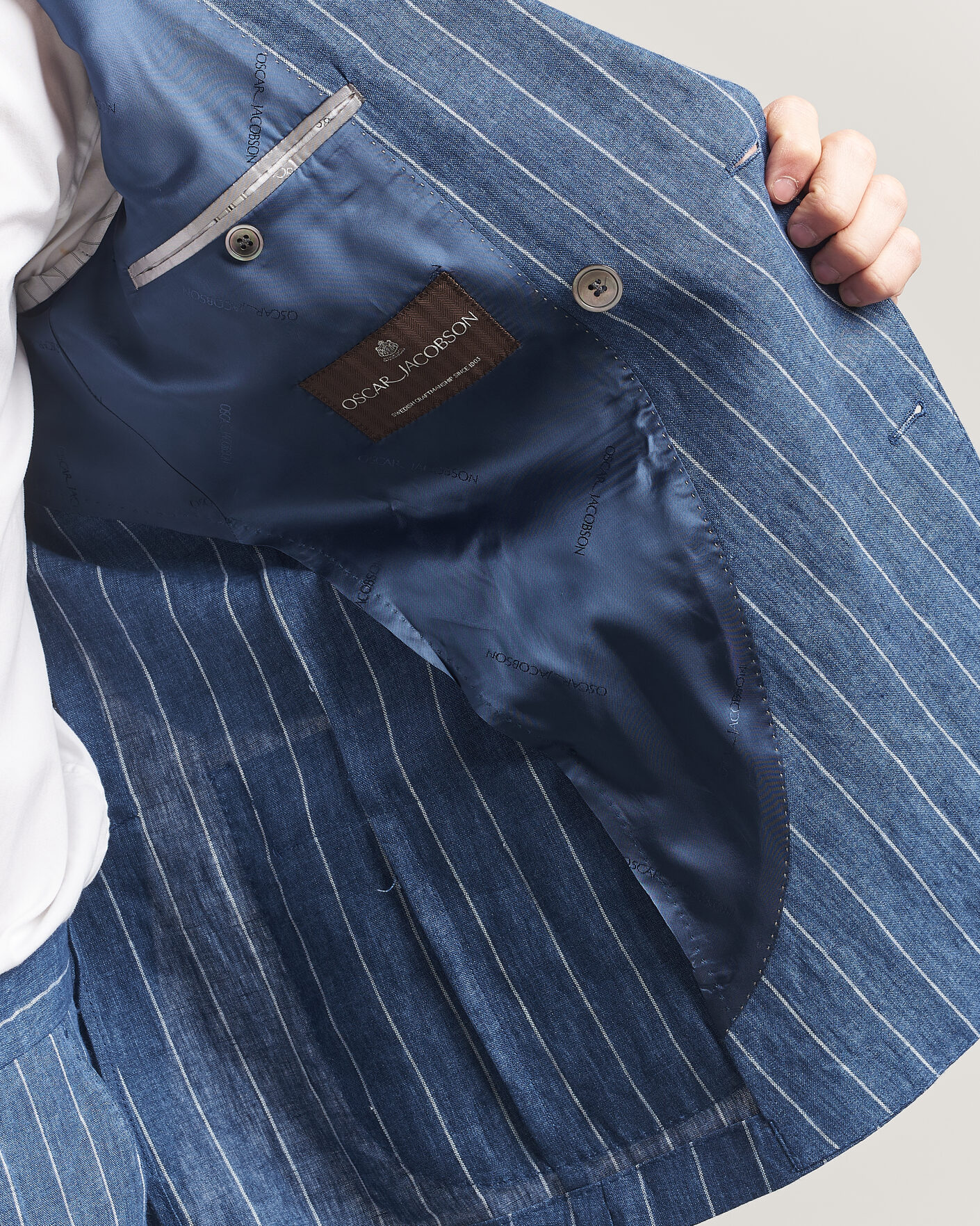 Herren | Sakkos | Oscar Jacobson | Farrys Patch Striped Linen Blazer Blue