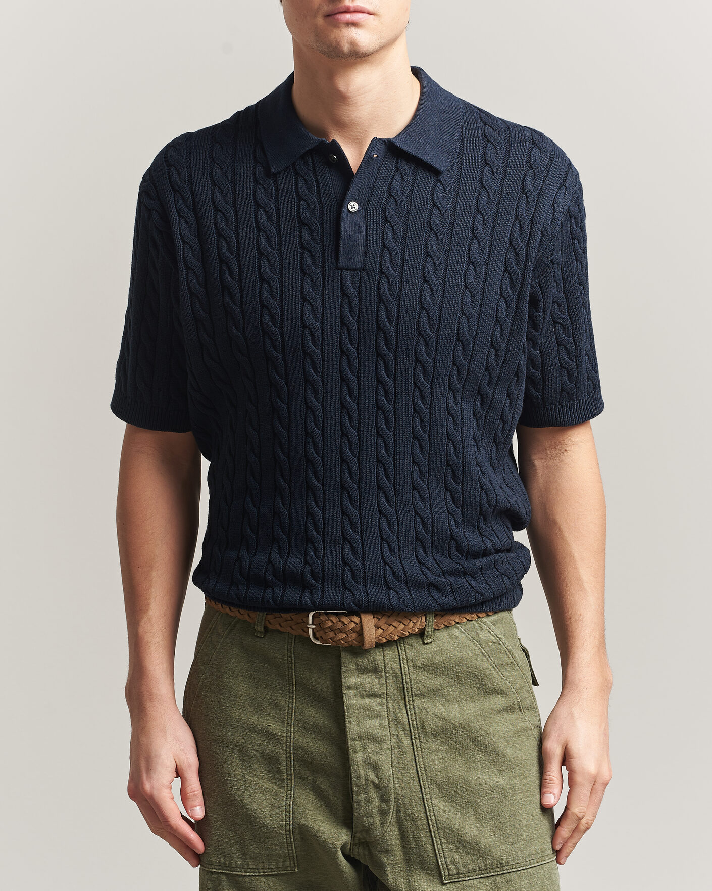 Herren | Poloshirts | BEAMS PLUS | Short Sleeve Cable Polo Navy