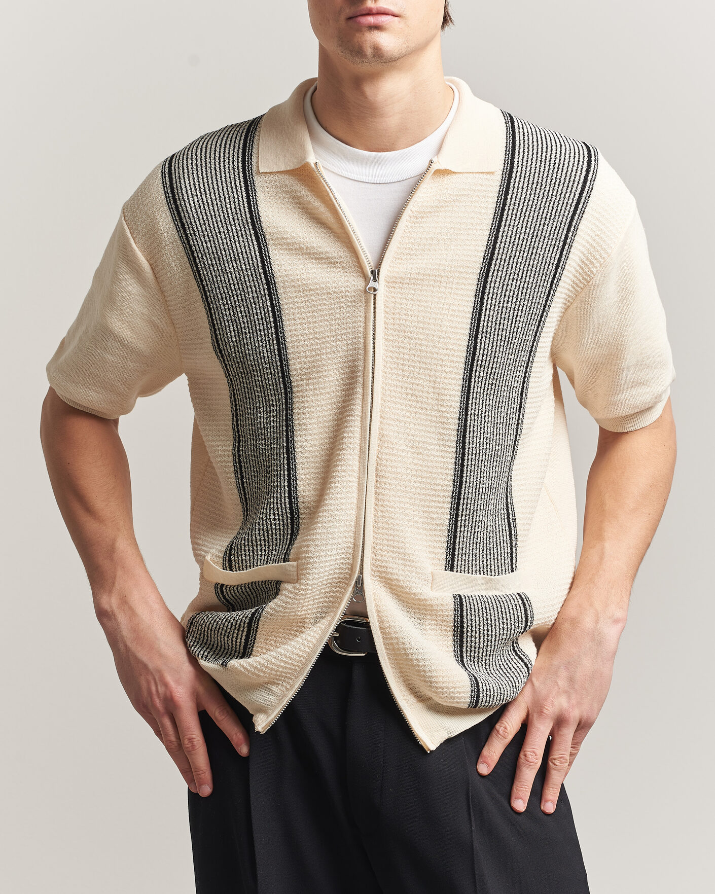 Herren | Poloshirts | BEAMS PLUS | Zip Knit Striped Polo Off White