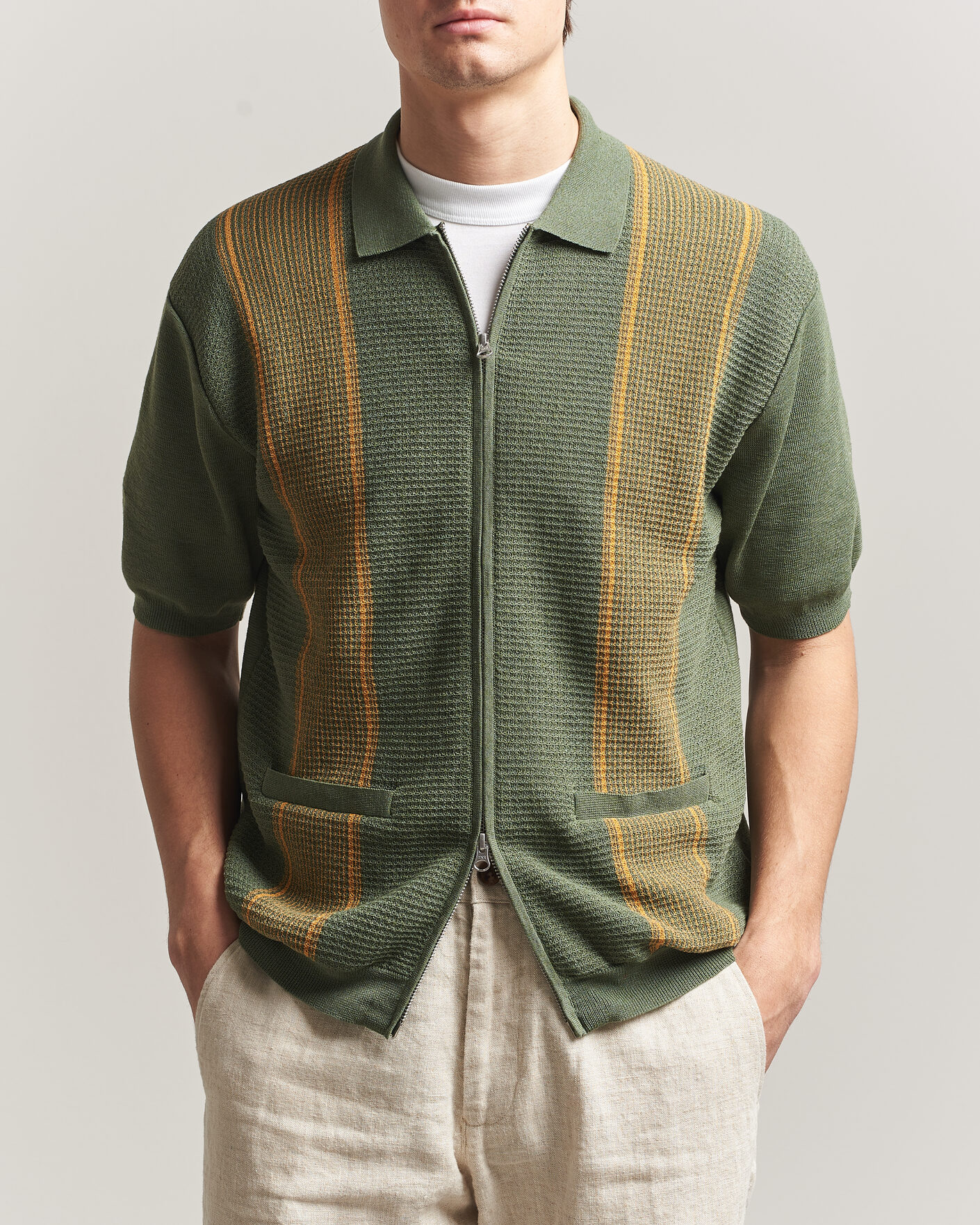 Herren | Poloshirts | BEAMS PLUS | Zip Knit Striped Polo Olive