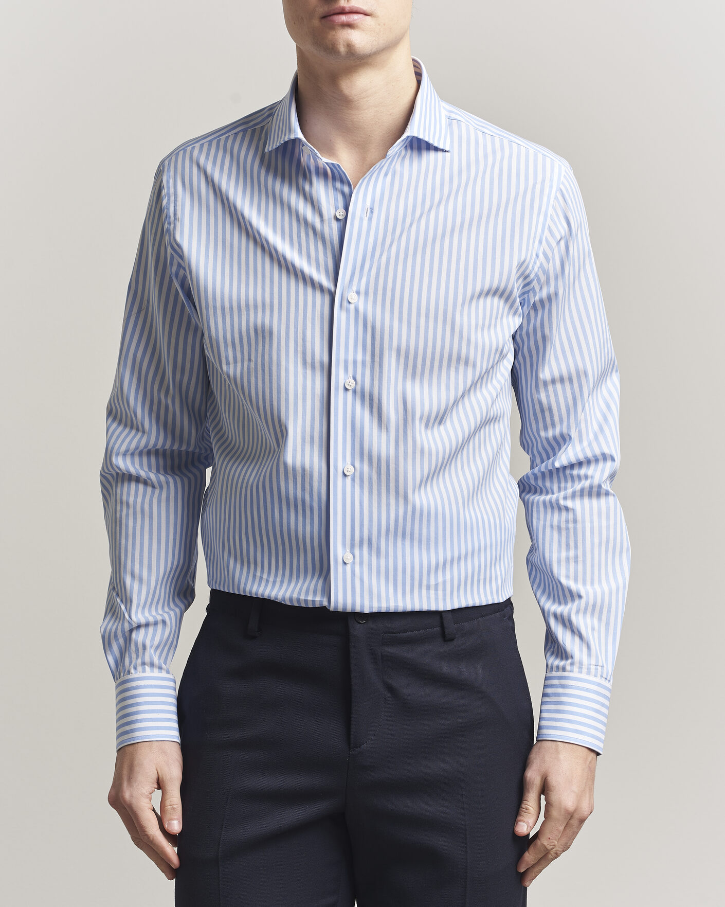 Herren | Hemden | Grigio | Cotton Poplin Dress Shirt Light Blue Stripe
