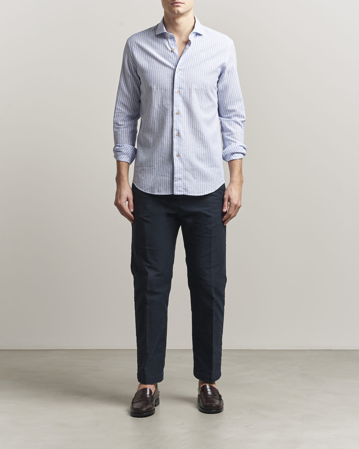 Herren | Hemden | Grigio | Washed Cotton/Linen Shirt Blue Stripe