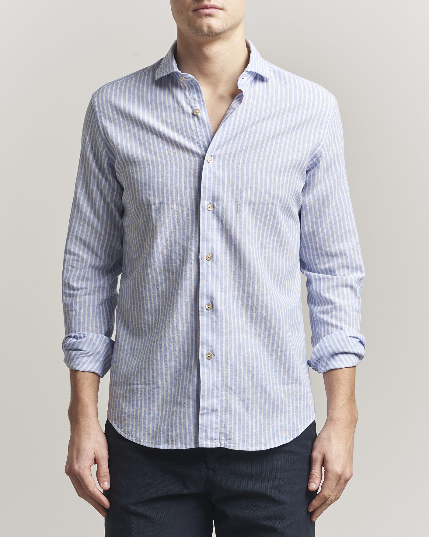 Herren | Hemden | Grigio | Washed Cotton/Linen Shirt Blue Stripe