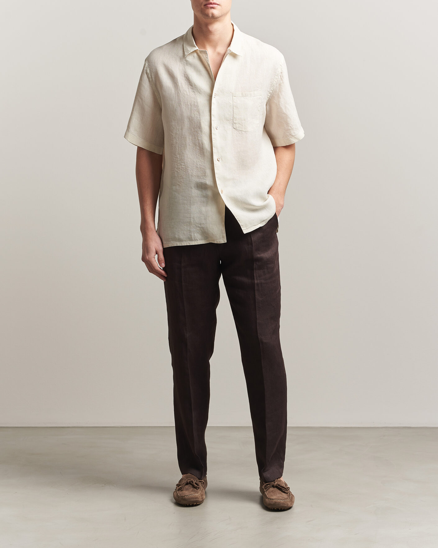 Herren | Hemden | Grigio | Linen Camp Collar Shirt White