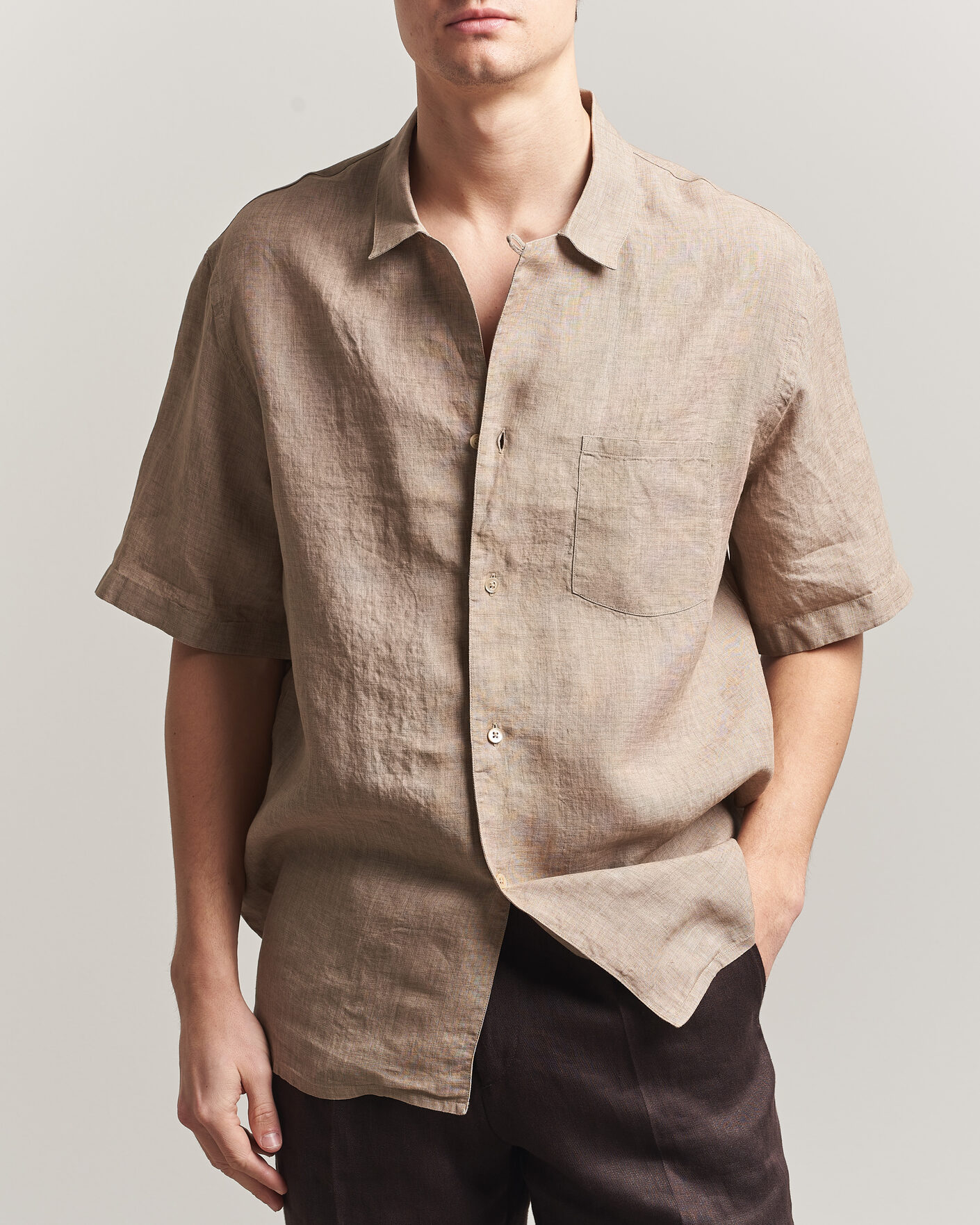 Herren | Hemden | Grigio | Linen Camp Collar Shirt Brown