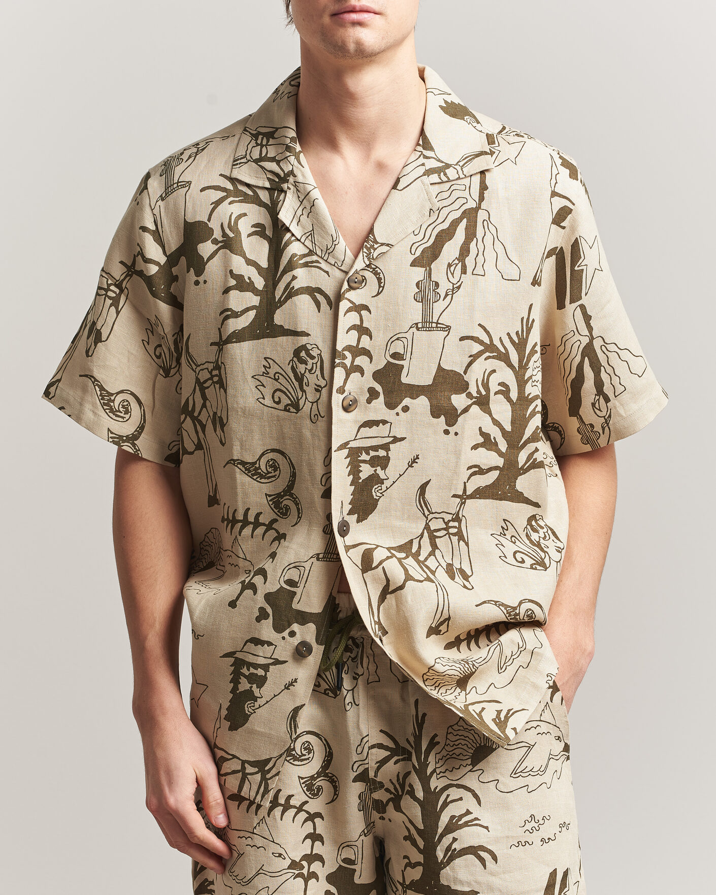 Herren | Hemden | OAS | Cuba Short Sleeve Printed Linen Shirt Poplan