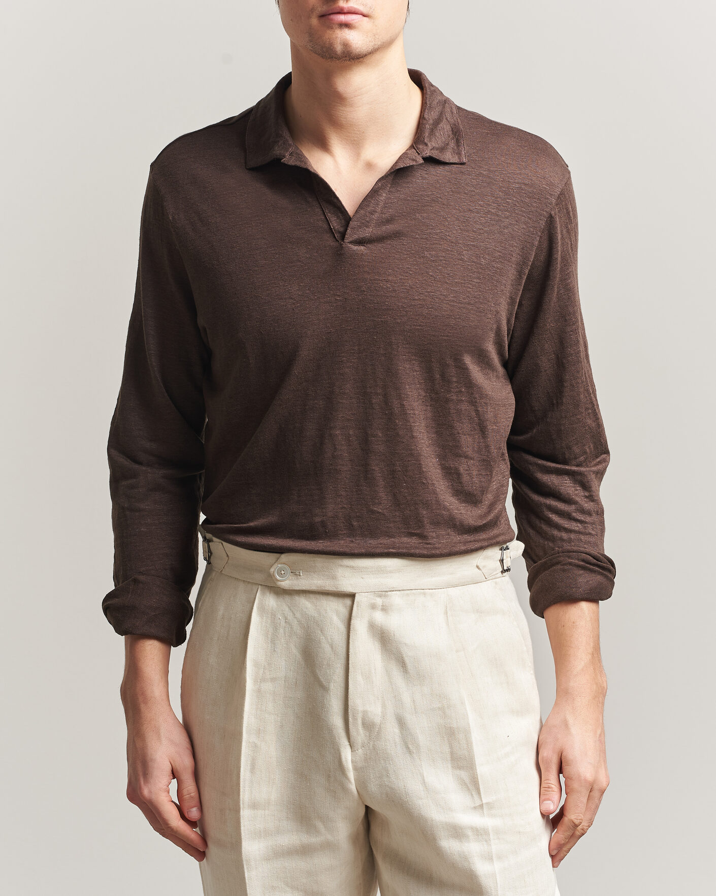 Herren | Poloshirts | Gran Sasso | Washed Linen Long Sleeve Polo Brown Melange