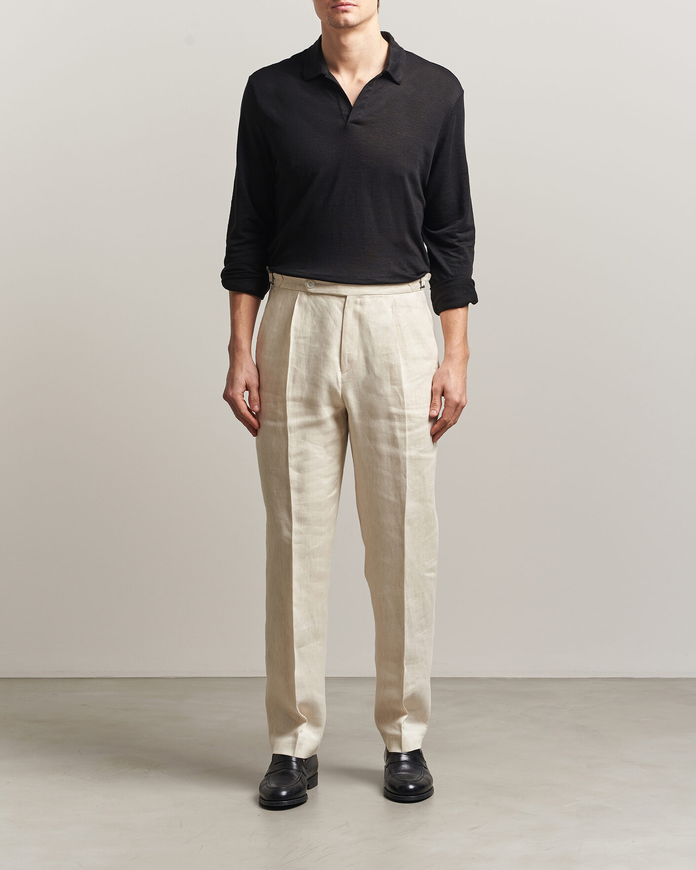 Herren | Poloshirts | Gran Sasso | Washed Linen Long Sleeve Polo Black