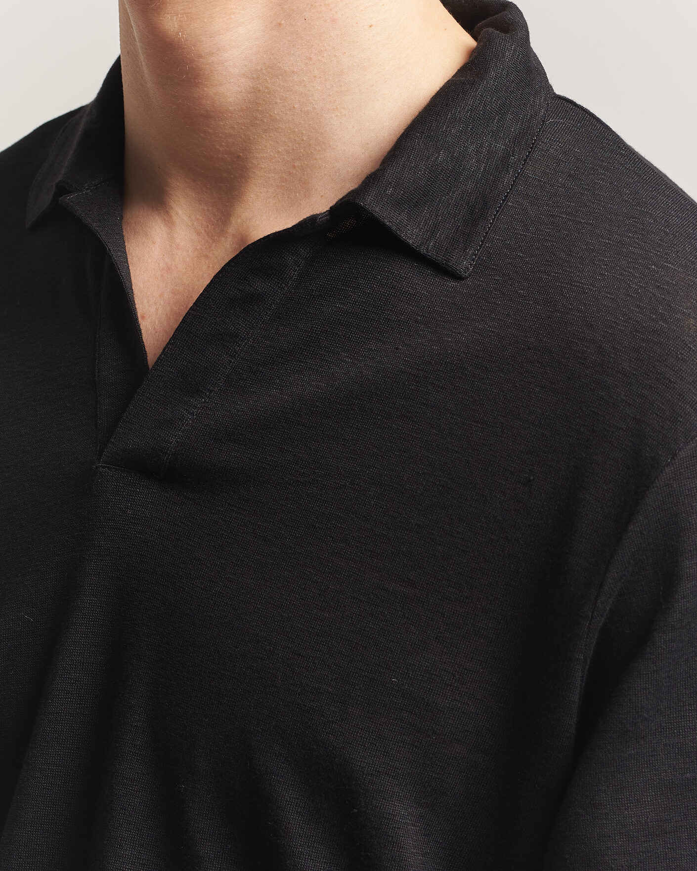 Herren | Poloshirts | Gran Sasso | Washed Linen Long Sleeve Polo Black