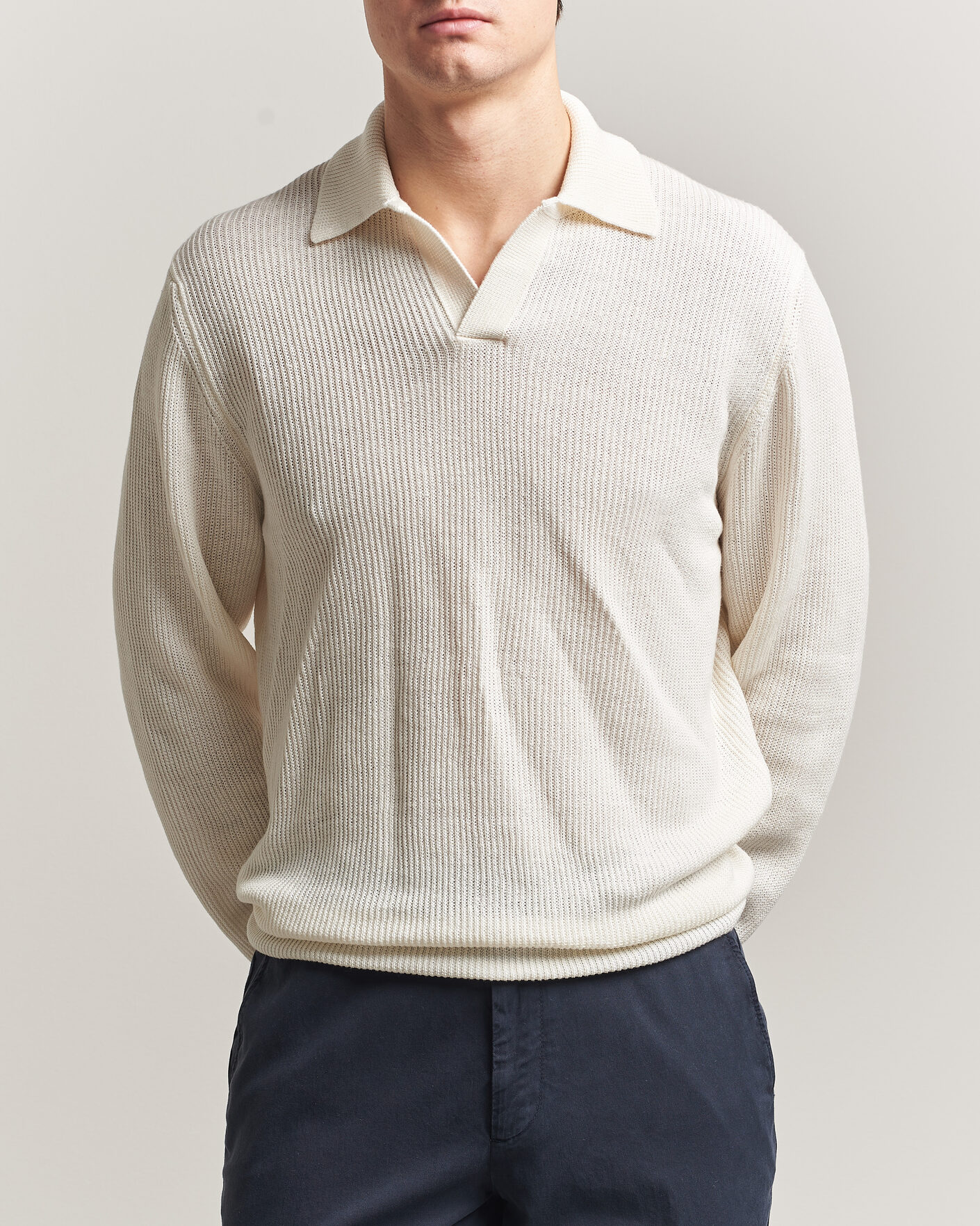 Herren | Pullover | Gran Sasso | Linen/Cotton Open Collar Knitted Polo Cream