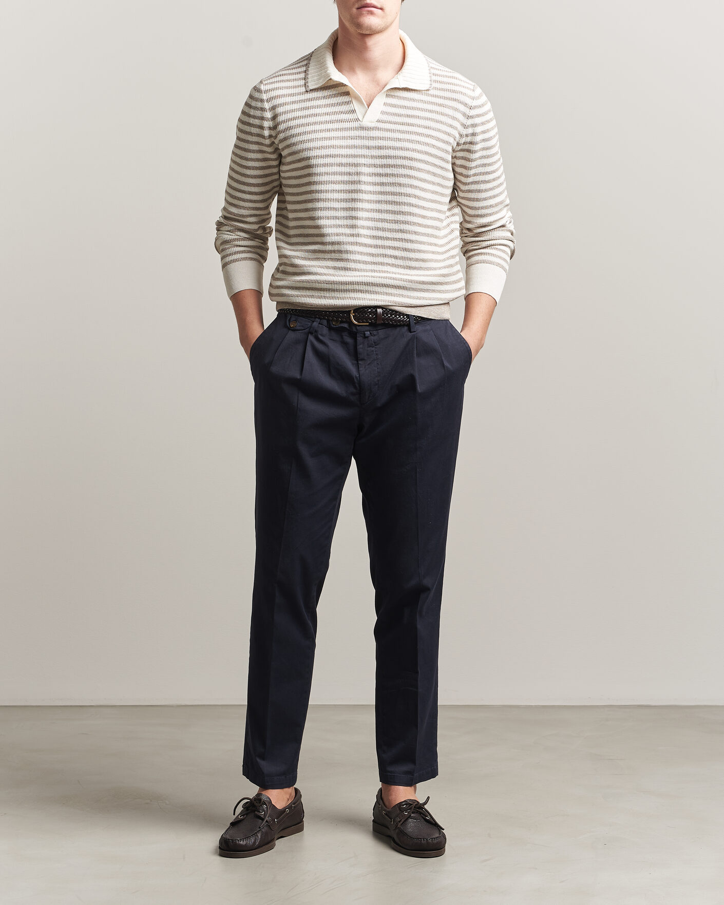 Herren | Pullover | Gran Sasso | Linen/Cotton Knitted Striped Polo Beige/White