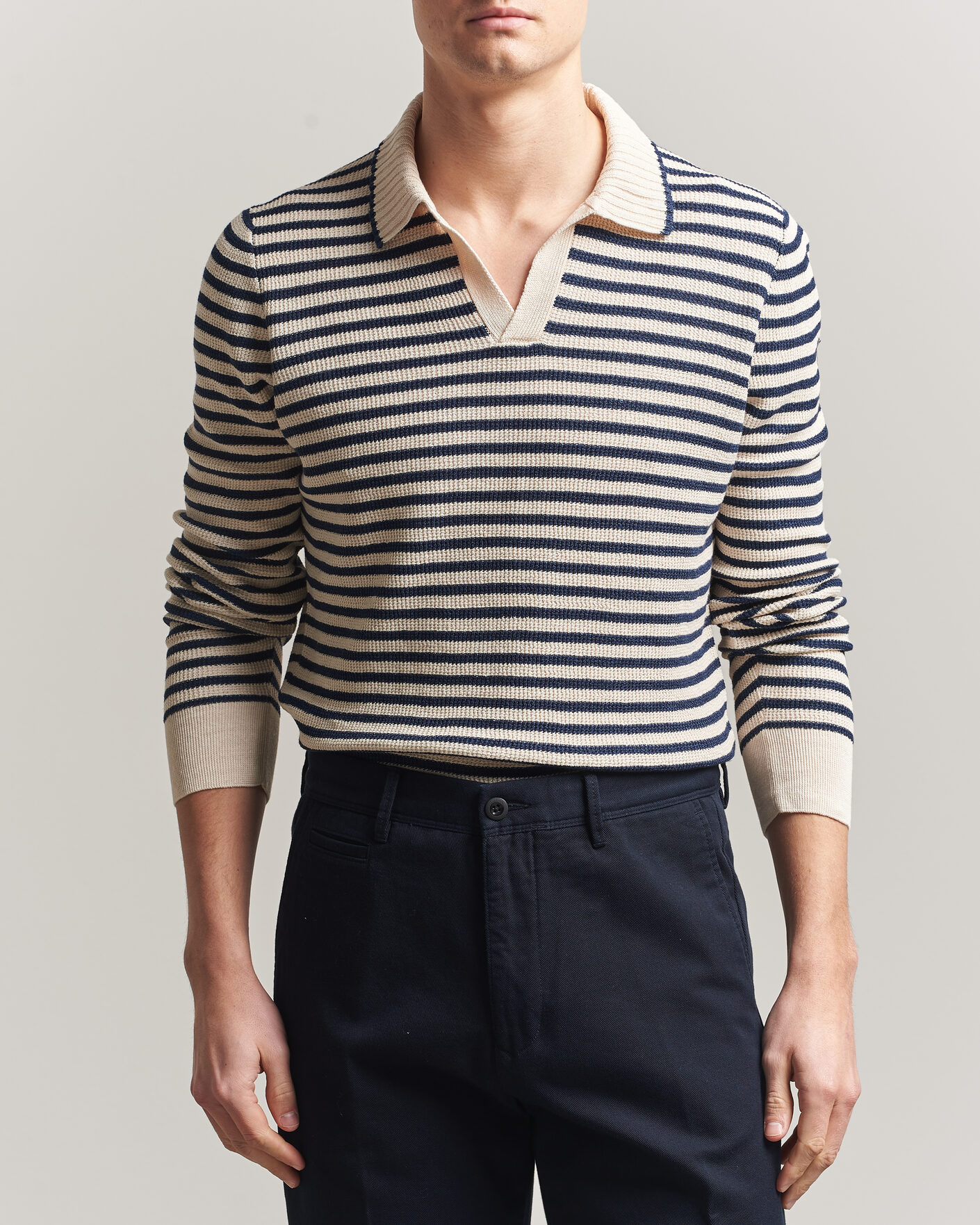 Herren | Pullover | Gran Sasso | Linen/Cotton Knitted Striped Polo Navy/White