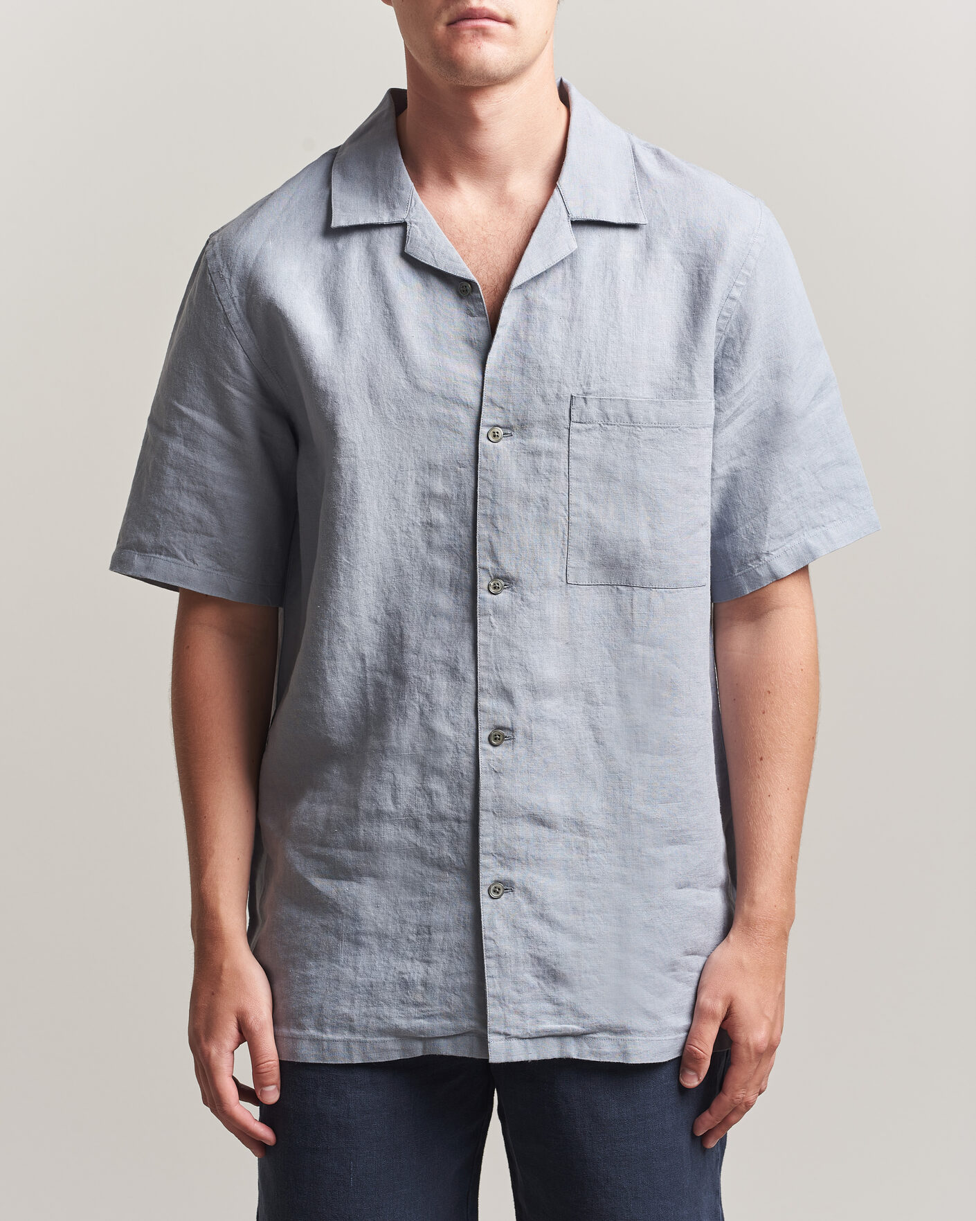 Herren | Hemden | A Day's March | Yamu Linen Short Sleeve Shirt Rock Blue
