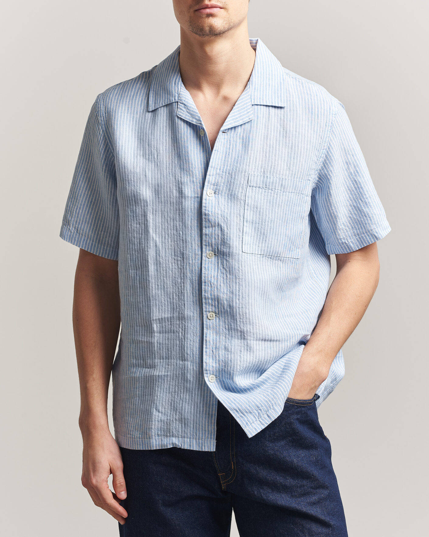 Herren | Hemden | A Day's March | Yamu Striped Linen Short Sleeve Shirt Light Blue