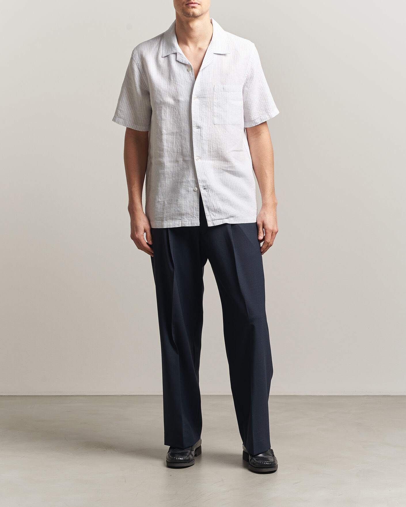 Herren | Hemden | A Day's March | Yamu Striped Linen Short Sleeve Shirt White