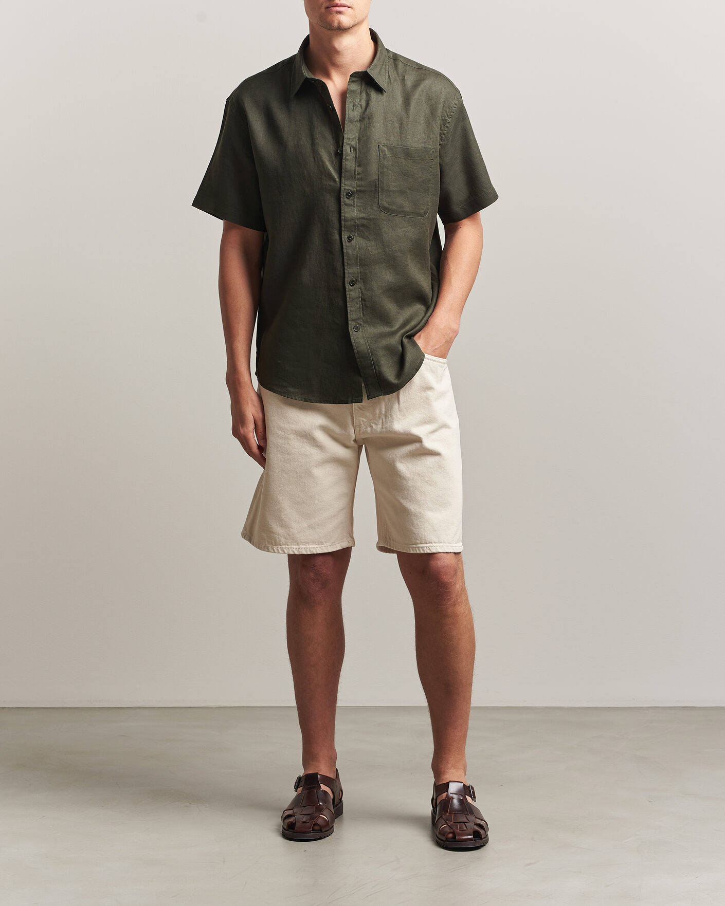 Herren | Hemden | NN07 | Deon Linen Short Sleeve Shirt Dark Army