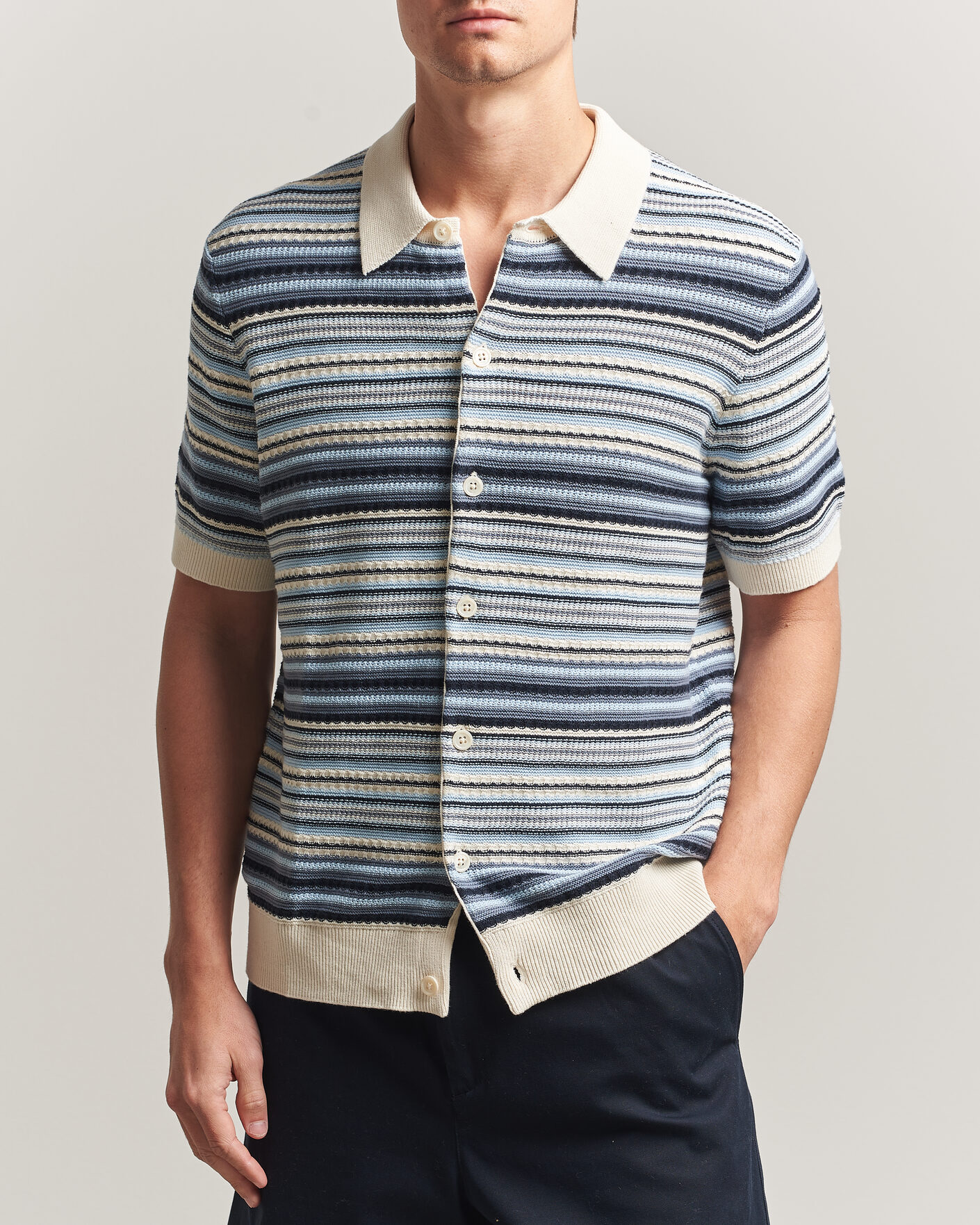 Herren | Hemden | NN07 | Nolan Striped Knitted Short Sleeve Shirt Navy Multi