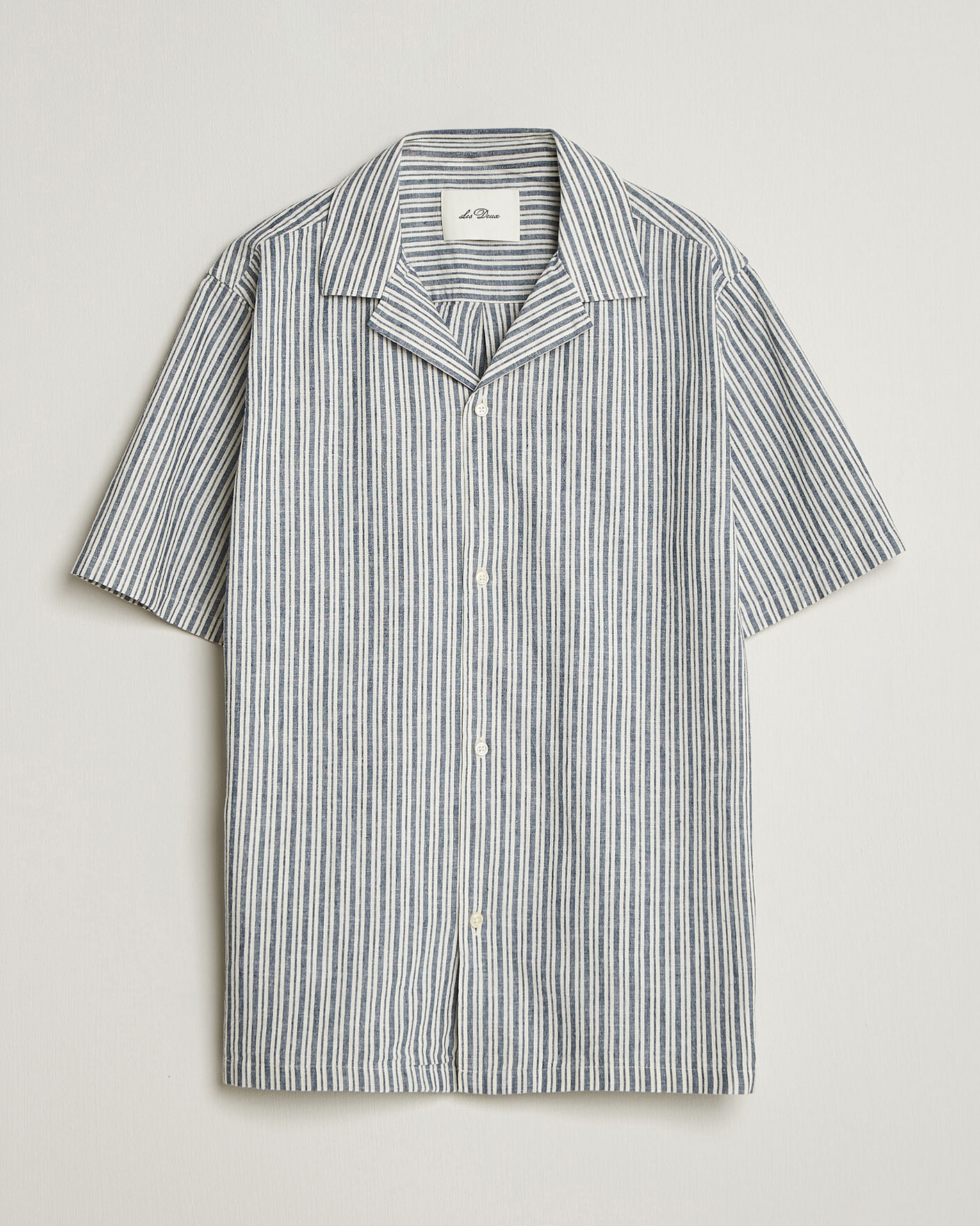 Herren | Hemden | LES DEUX | Stripe Cotton/Linen Short Sleeve Shirt Dark Blue