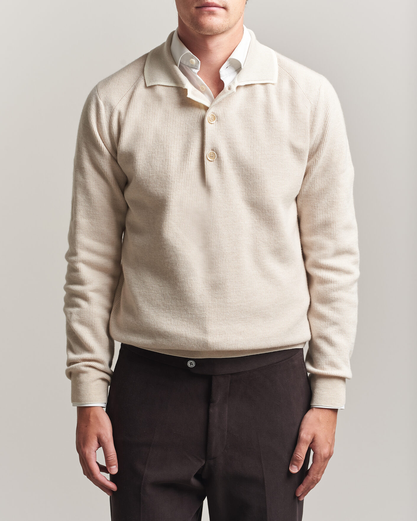 Herren | Pullover | Brioni | Cashmere Rib Knitted Polo Light Beige