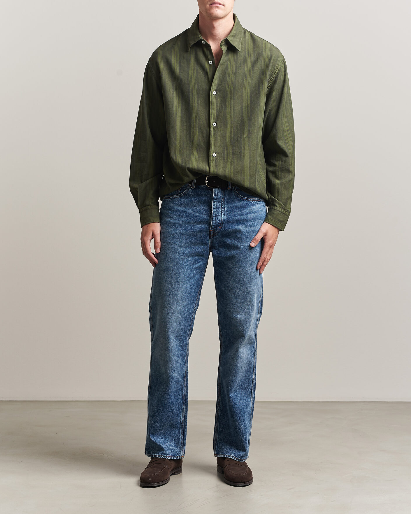 Herren | Hemden | Massimo Alba | Boxy Striped Cotton Shirt Moss Green