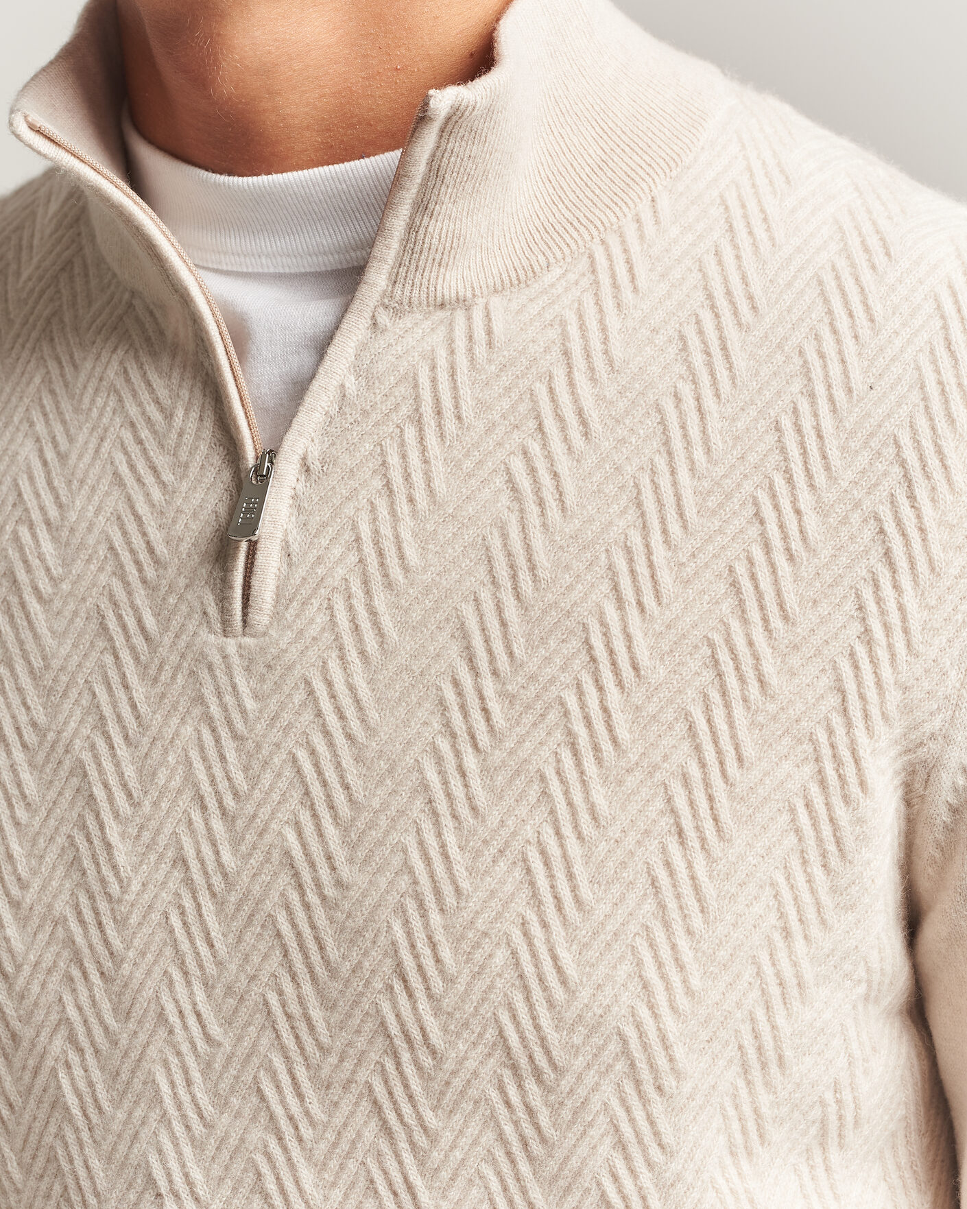 Herren | Pullover | Fedeli | Wool/Cashmere Chevron Half Zip Light Beige