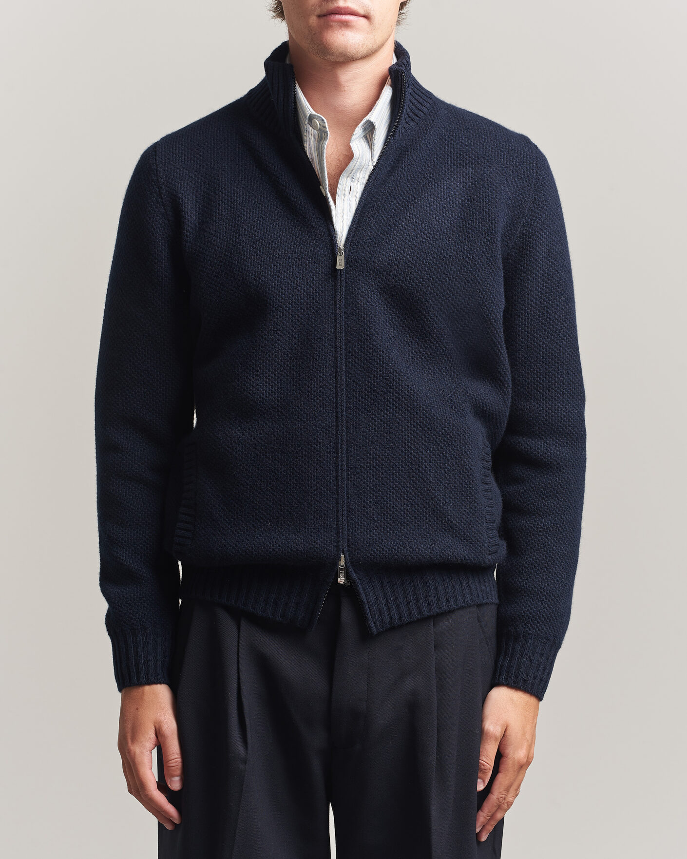 Herren | Pullover | Fedeli | Wool/Cashmere Honeycomb Full Zip Navy