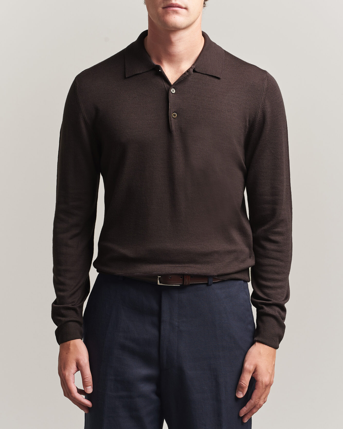Herren | Pullover | Canali | Merino Wool Long Sleeve Polo Dark Brown