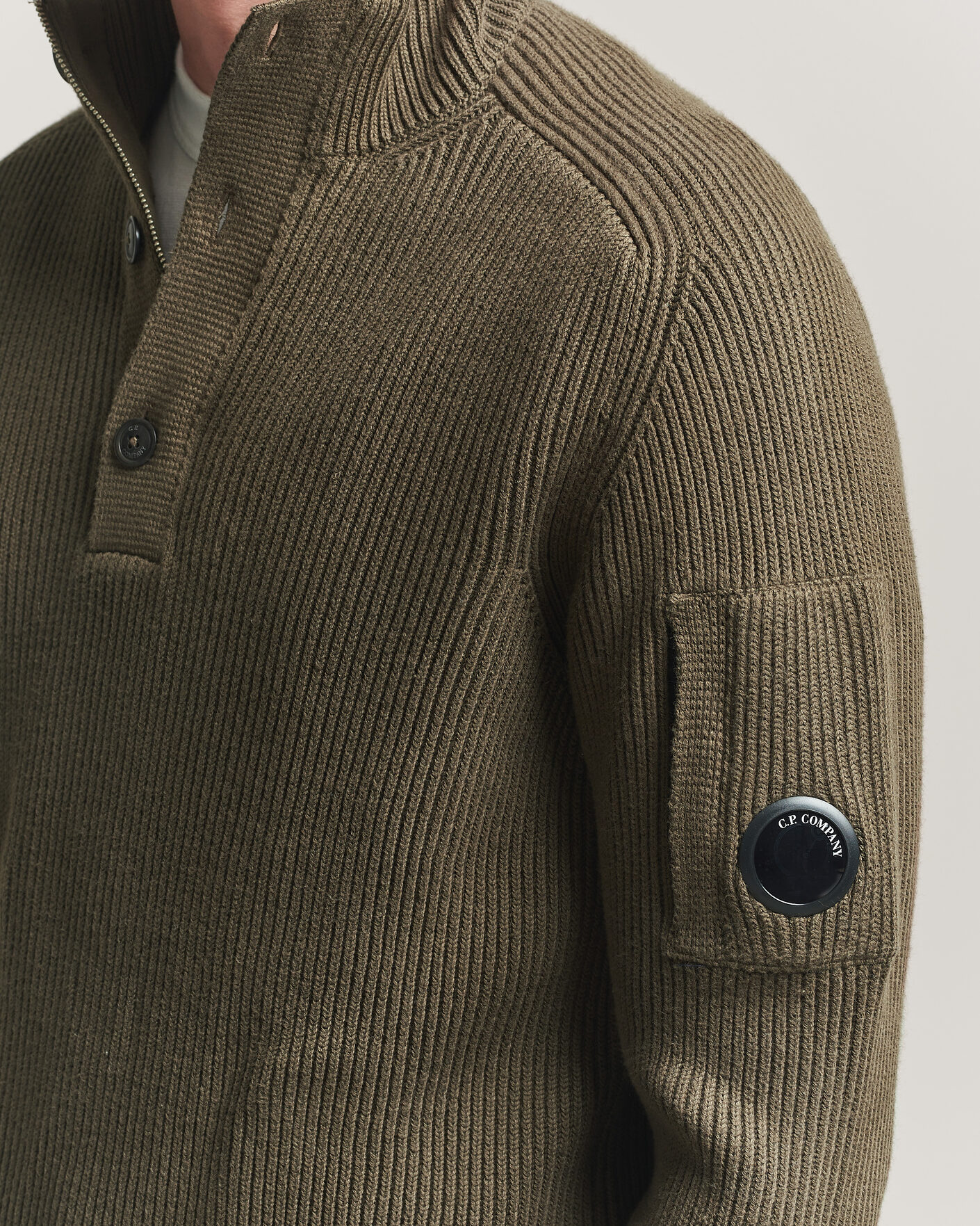 Herren | Pullover | C.P. Company | Full Rib Knitted Cotton Half Button Dark Green