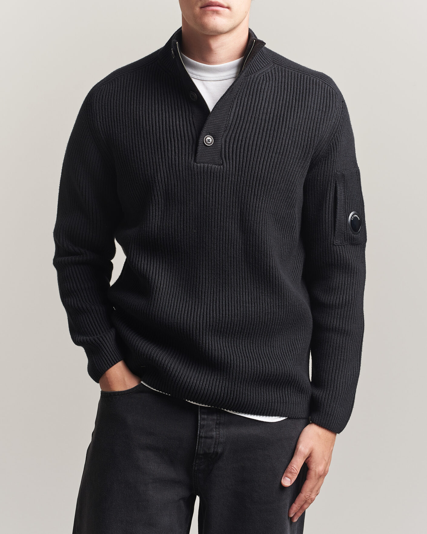 Herren | Pullover | C.P. Company | Full Rib Knitted Cotton Half Button Black