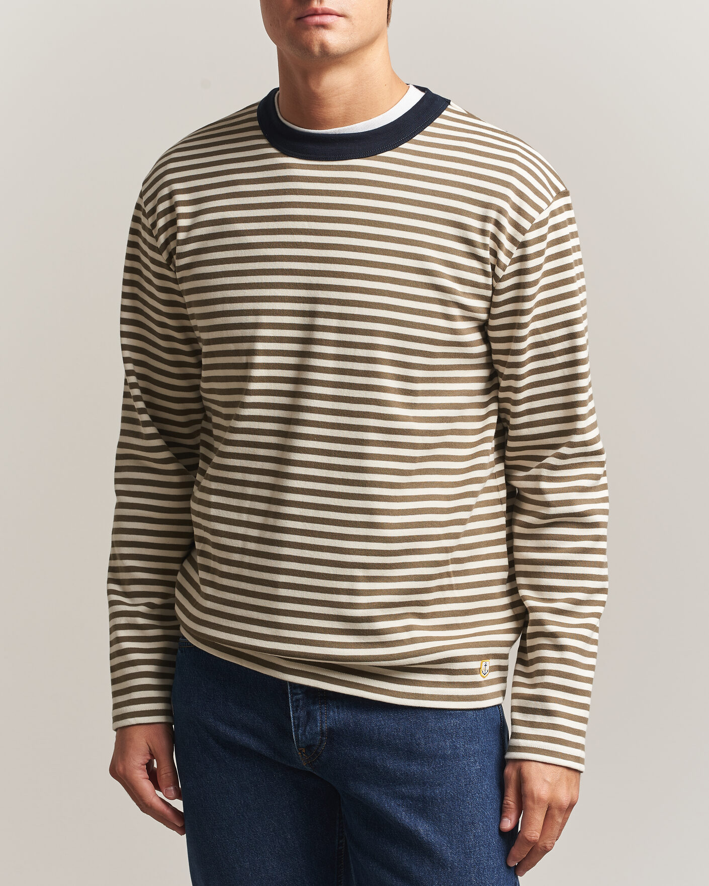 Herren | T-Shirts | Armor-lux | Héritage Striped Long Sleeve T-Shirt Olive/Milk