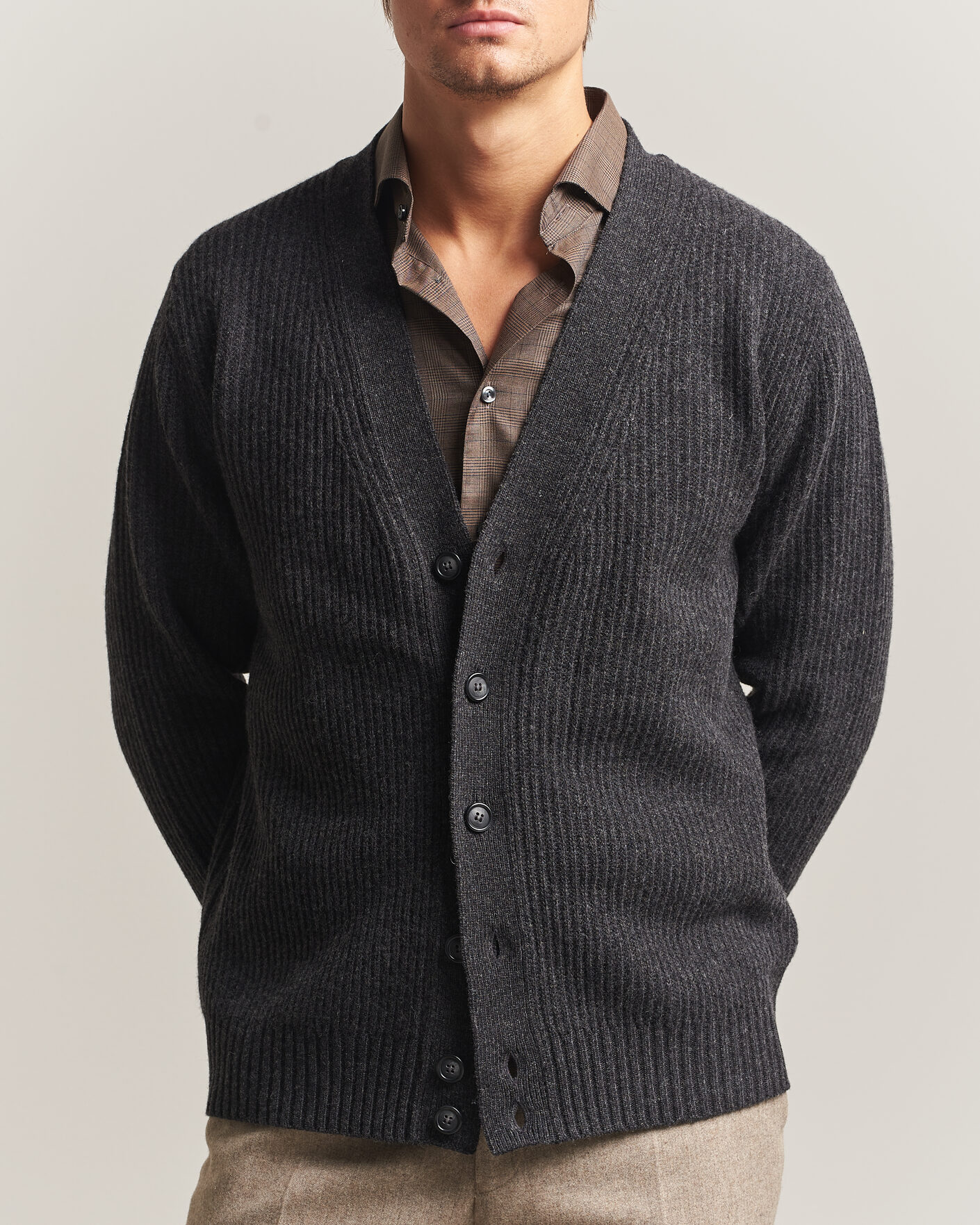 Herren | Pullover | Eton | Merino Wool Rib Cardigan Dark Grey