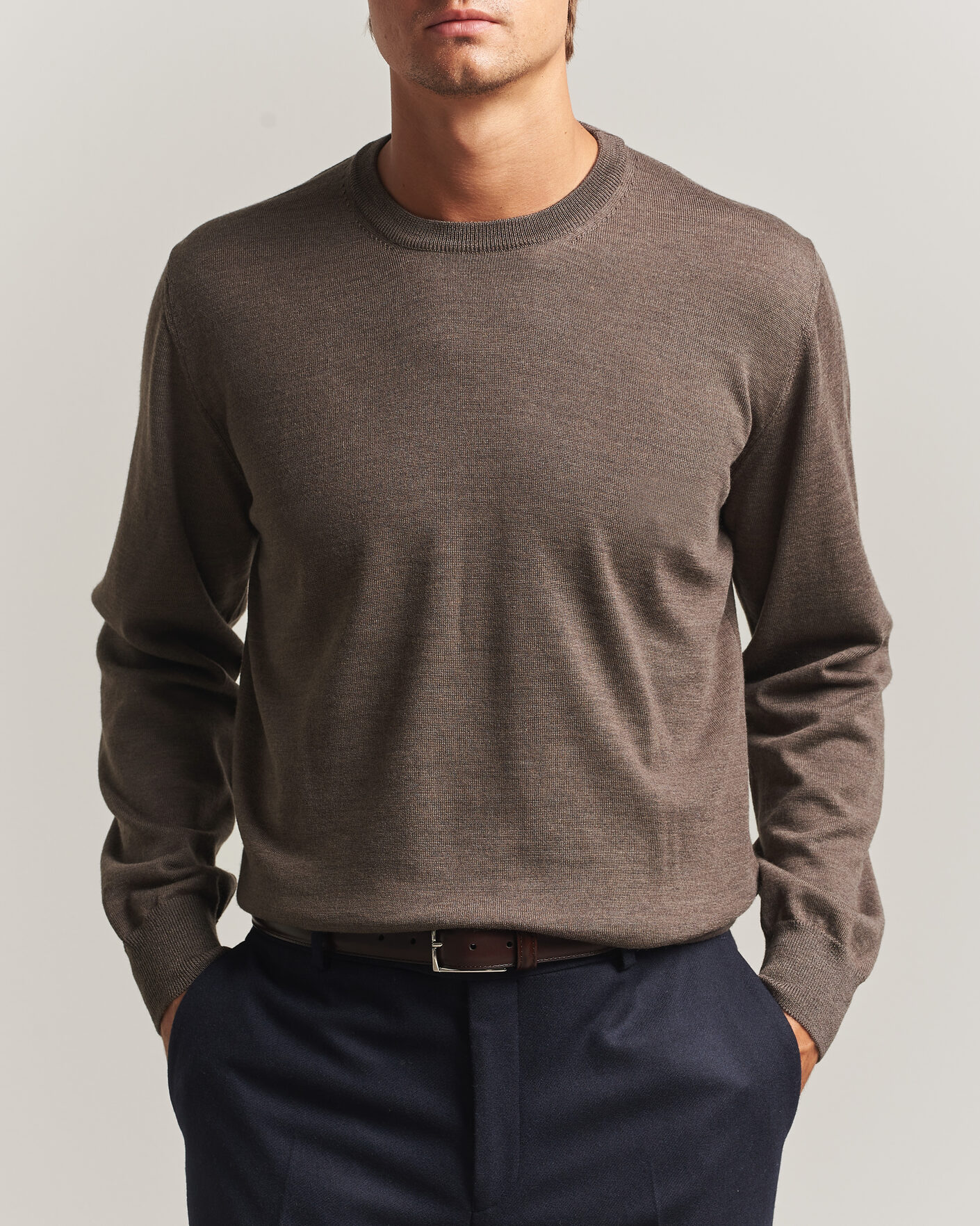 Herren | Pullover | Eton | Merino Wool Knitted Crew Neck Dark Brown