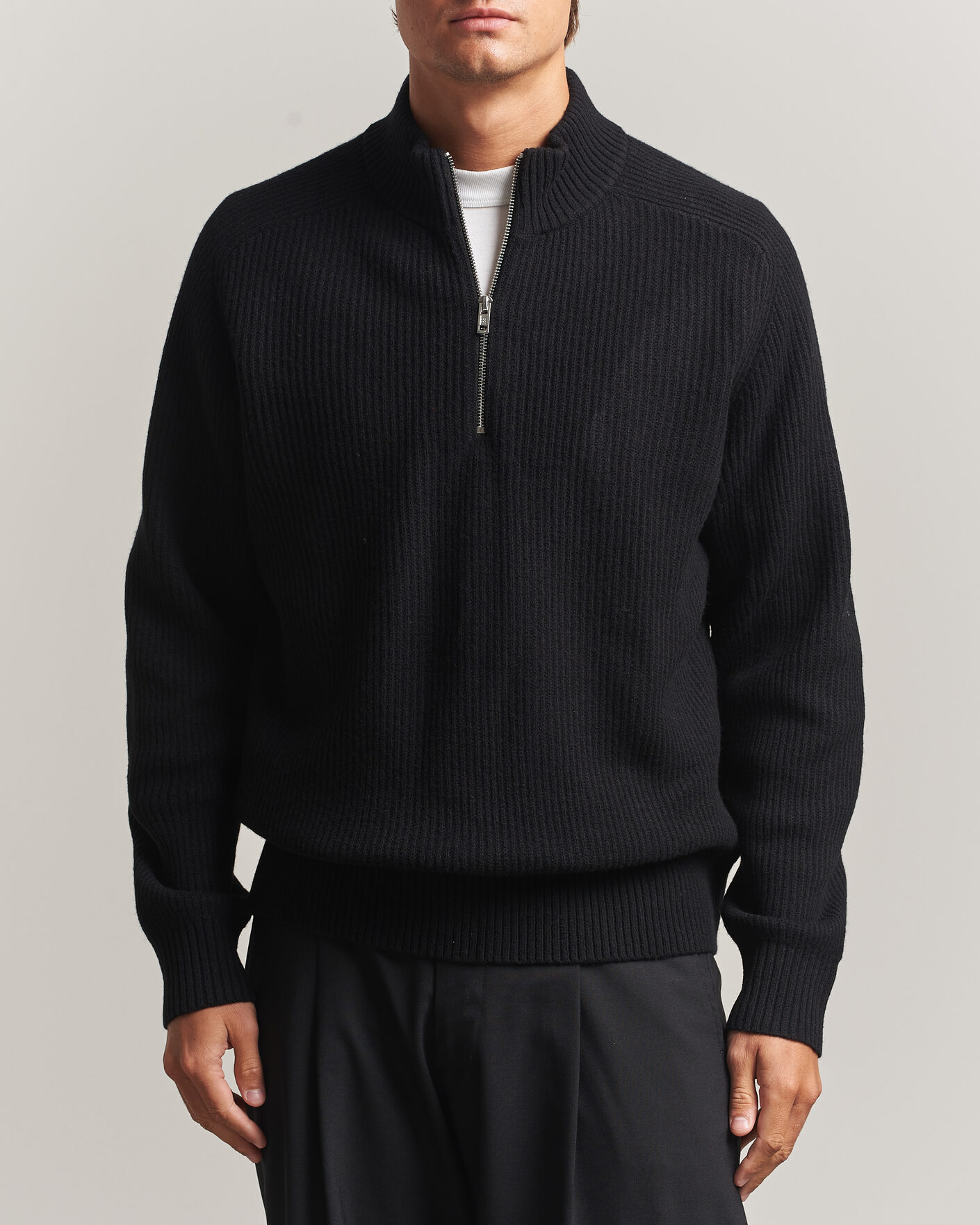 Herren | Pullover | Filippa K | Ribbed Wool Knitted Half Zip Black