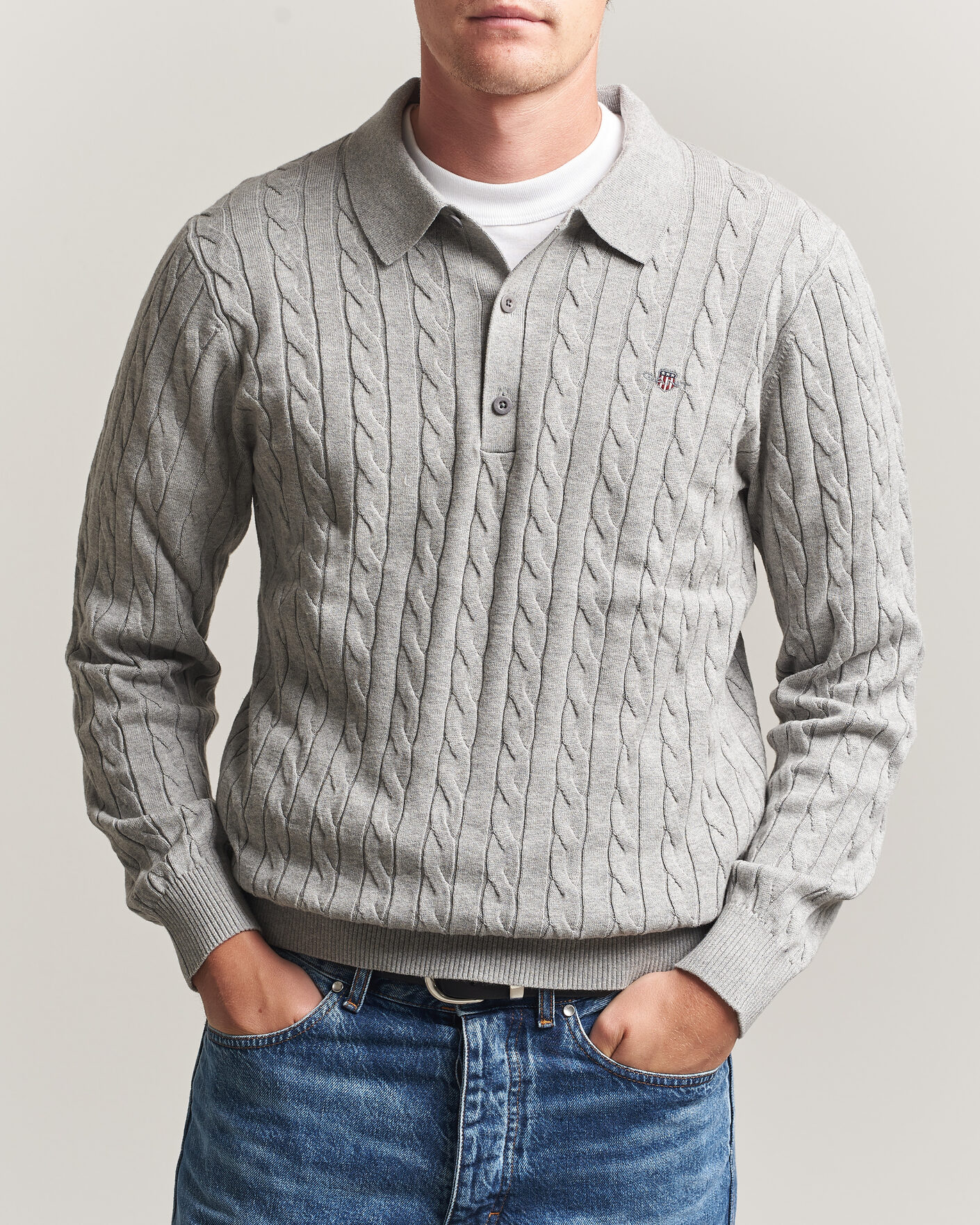 Herren | Pullover | Gant | Cotton Cable Polo Grey Melange