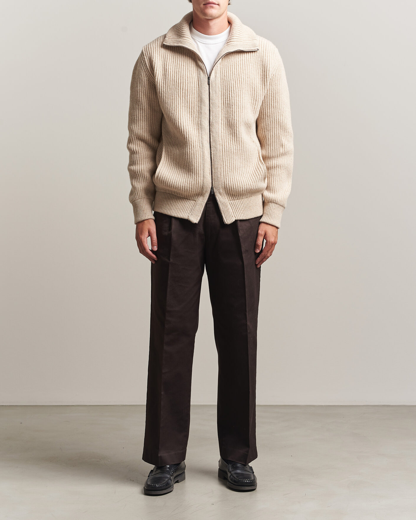 Herren | Pullover | Altea | Rib Wool Bomber Cardigan Beige