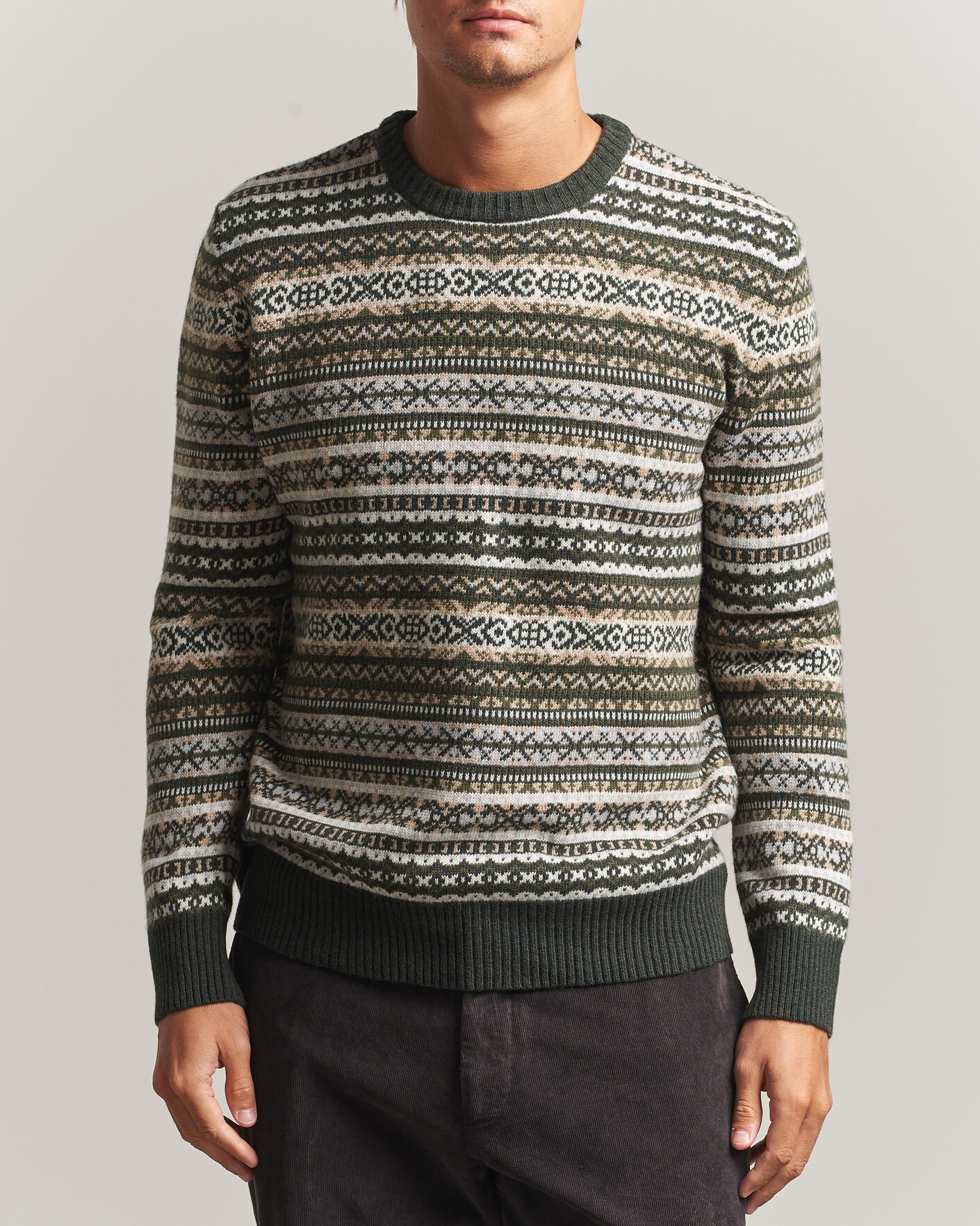 Herren | Pullover | Morgano | Wool/Cashmere Fair Isle Knitted Crewneck Green