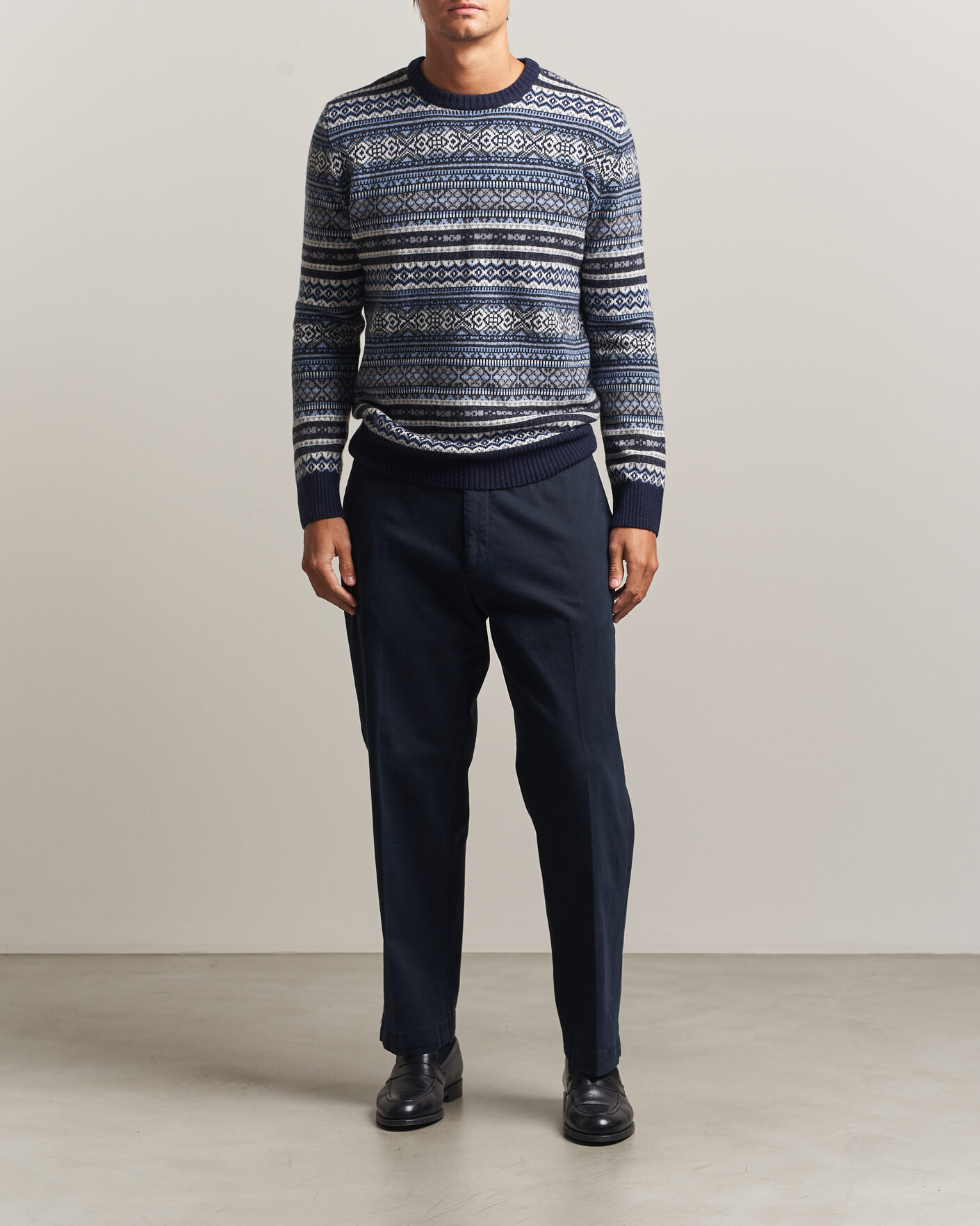 Herren | Pullover | Morgano | Wool/Cashmere Fair Isle Knitted Crewneck Navy