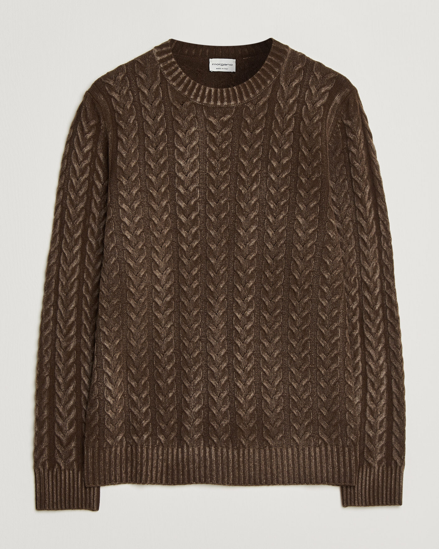 Herren | Pullover | Morgano | Cable Knitted Brushed Dyed Wool Crew Brown