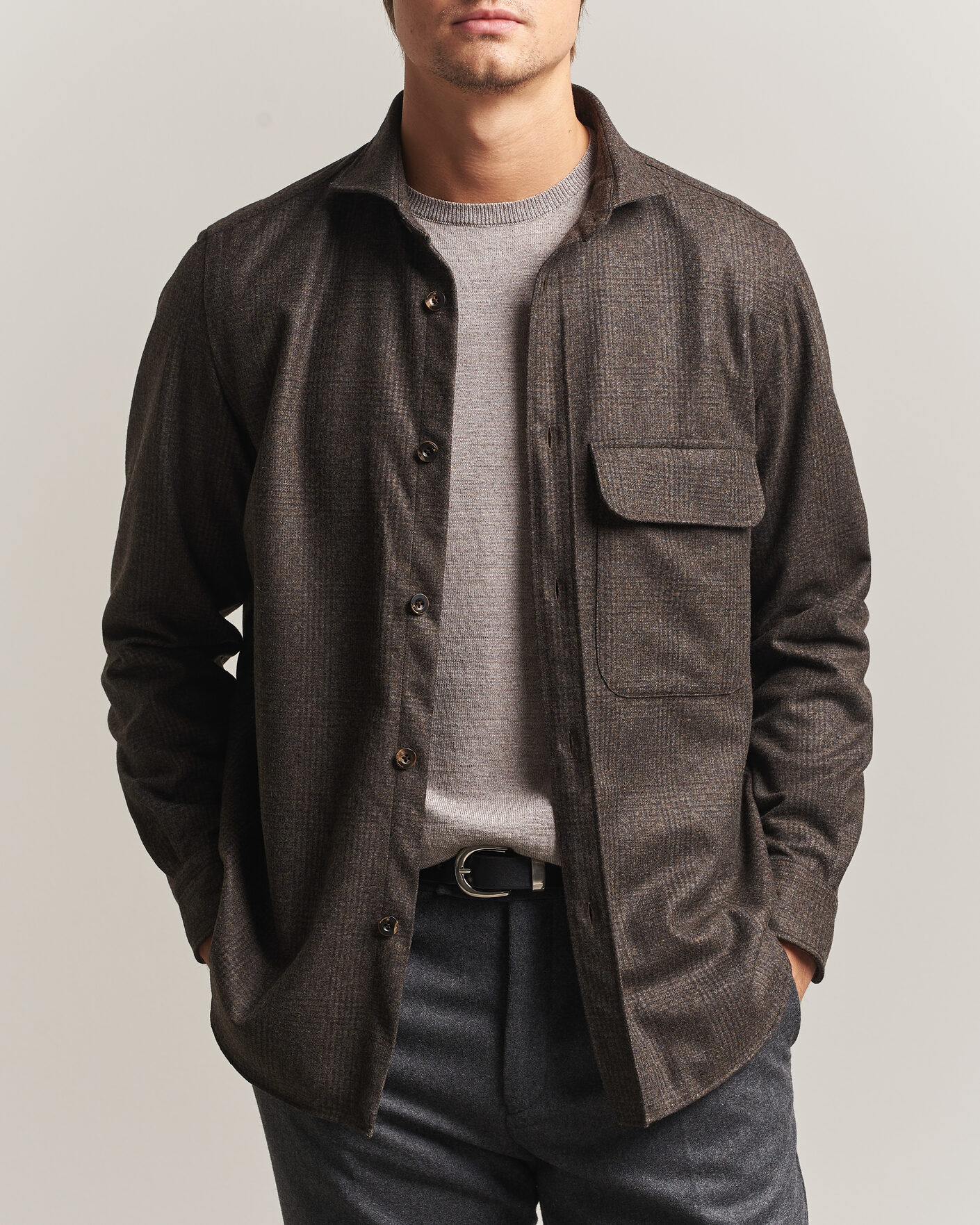 Herren | Hemden | Finamore Napoli | Wool Houndstooth Overshirt Dark Brown